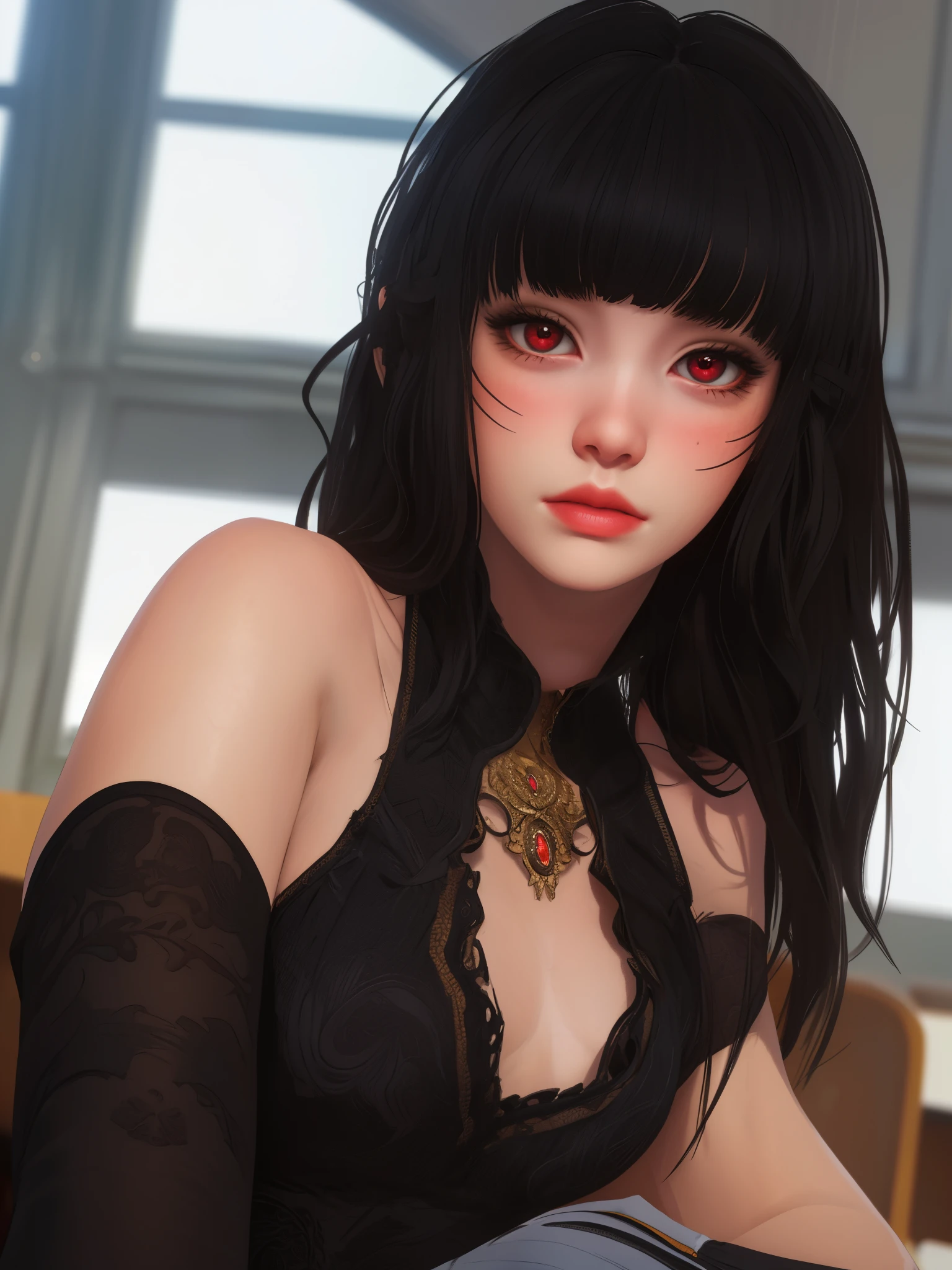 ((masterpiece, best quality)), (1girl), (solo), (female focus), Luna,(very detailed face, real image, realistic skin, realistic body, intricate details), upper body, red eyes, black hair, blunt bangs, Goth Style, small breasts, classroom, students, Blur background