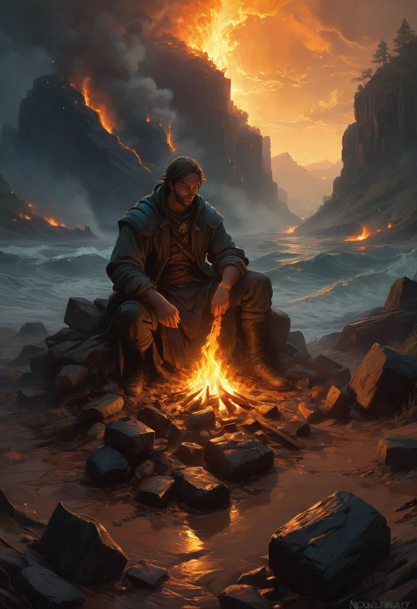 Campfire, by Noah Bradley, best quality, masterpiece, very aesthetic, perfect composition, intricate details, ultra-detailed