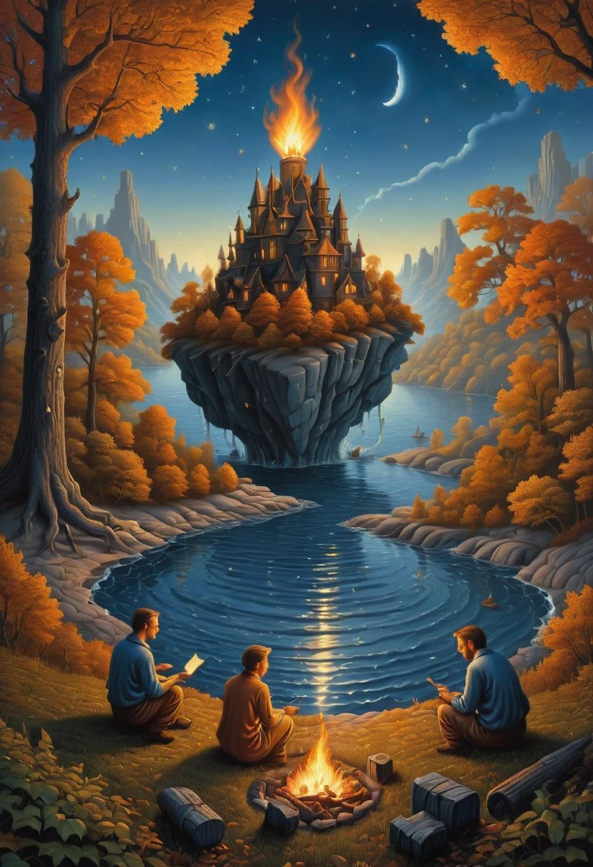 Campfire, by Rob Gonsalves, best quality, masterpiece, very aesthetic, perfect composition, intricate details, ultra-detailed