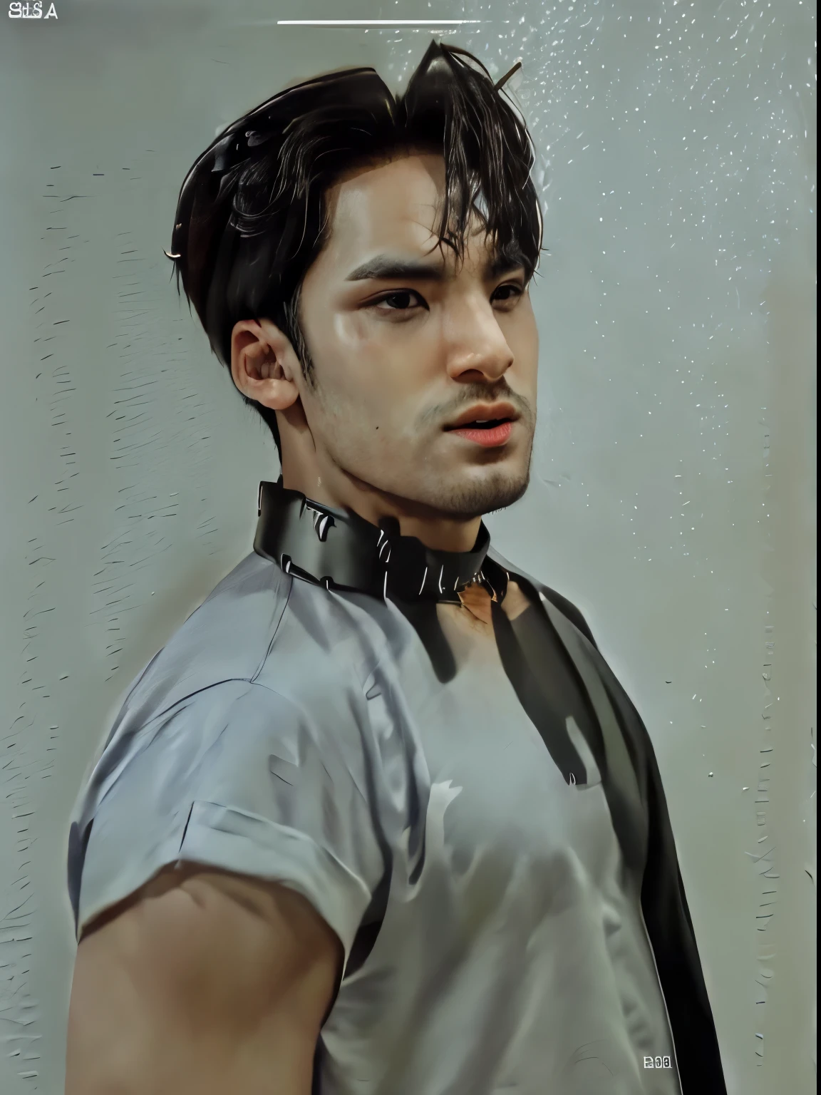 mingyu, camisa de malla, retrato,muscular, (absurdos, high resolution, ultra detallado),((Obra maestra)), ((mejor calidad:1.1)), high resolution, 8k,1 chico, mejor calidad, Obra maestra, (photorealista:1.4), Foto sin procesar de 8K, 4k, alta calidad, Obra maestra, mejor calidad, high resolution, dynamic poses, realista, Piel detallada, macho maduro, alto contraste, generalDetalle , collar