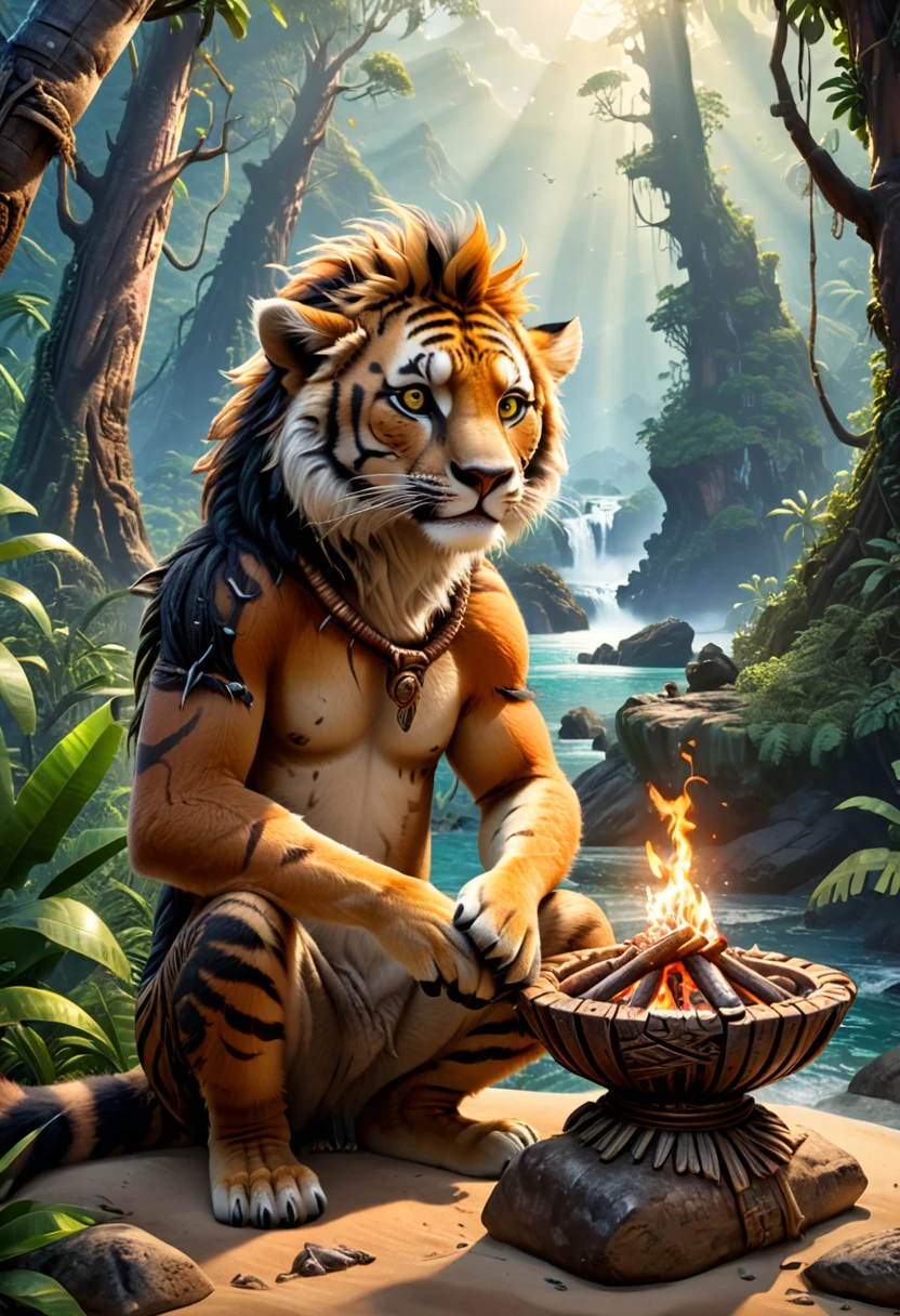 Handsome guy , Korean. He has very dark skin., yellow hair knee length with side bangs. He has faun ears., in the ears gold earrings rings. On the head are deer antlers. He has a bare torso and furry brown pants and shoes in the shape of hooves.. He has a red heart pendant.. He squats in a thicket of ferns and shoots an arrow from a bow.. He smiles beautifully. A kind jaguar next to him.