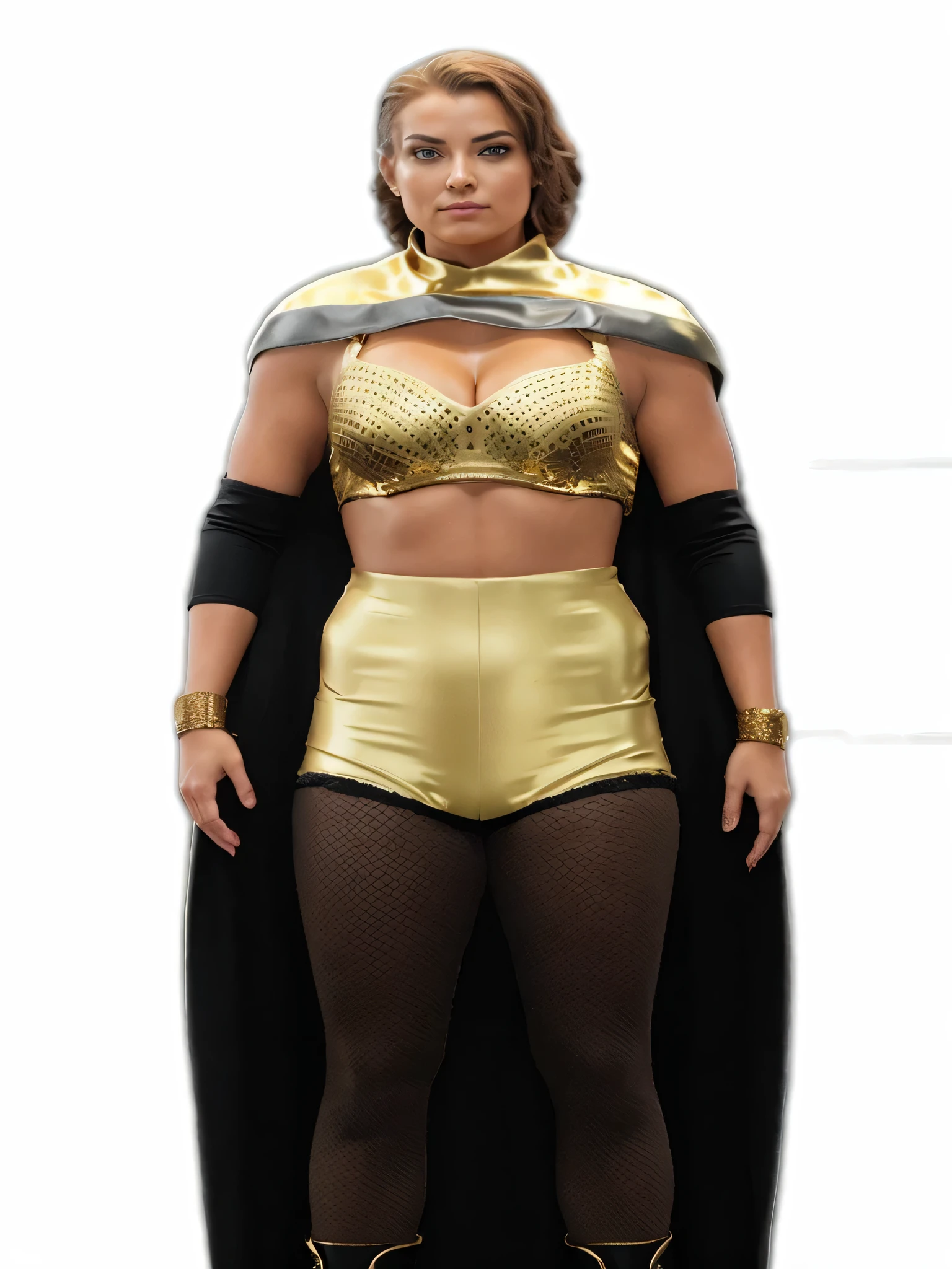 un gros plan d&#39;une femme en costume avec une cape, Golden outfit, costume d&#39;or, Gold Belt, 2k, 2k, Metallic Bronze Skin, elegant golden skin, hybride du guerrier de la dynastie, metallic skin, Haut du torse inclus, Cassandra Cain in satin, golden dresses, sam hyde in costume d&#39;or, draped&#39;or et d&#39;argent brillants, gilded black uniform