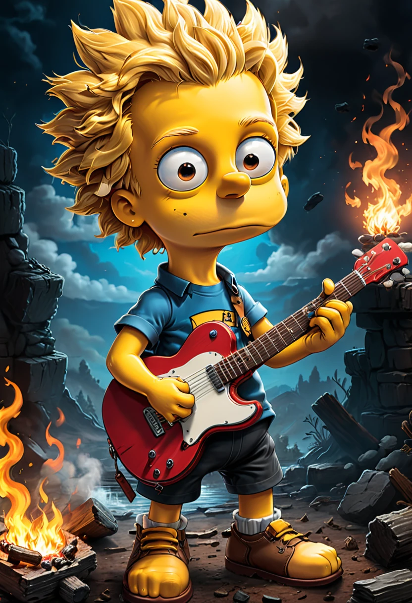 Campfire, Bart Simpson, (masterpiece, best quality, Professional, perfect composition, very aesthetic, absurdres, ultra-detailed, intricate details:1.3)