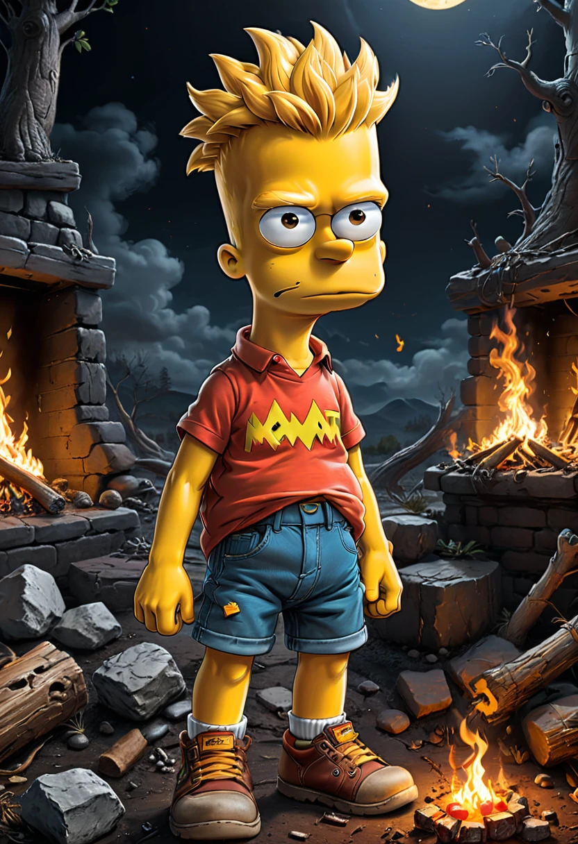 Campfire, Bart Simpson, (masterpiece, best quality, Professional, perfect composition, very aesthetic, absurdres, ultra-detailed, intricate details:1.3)