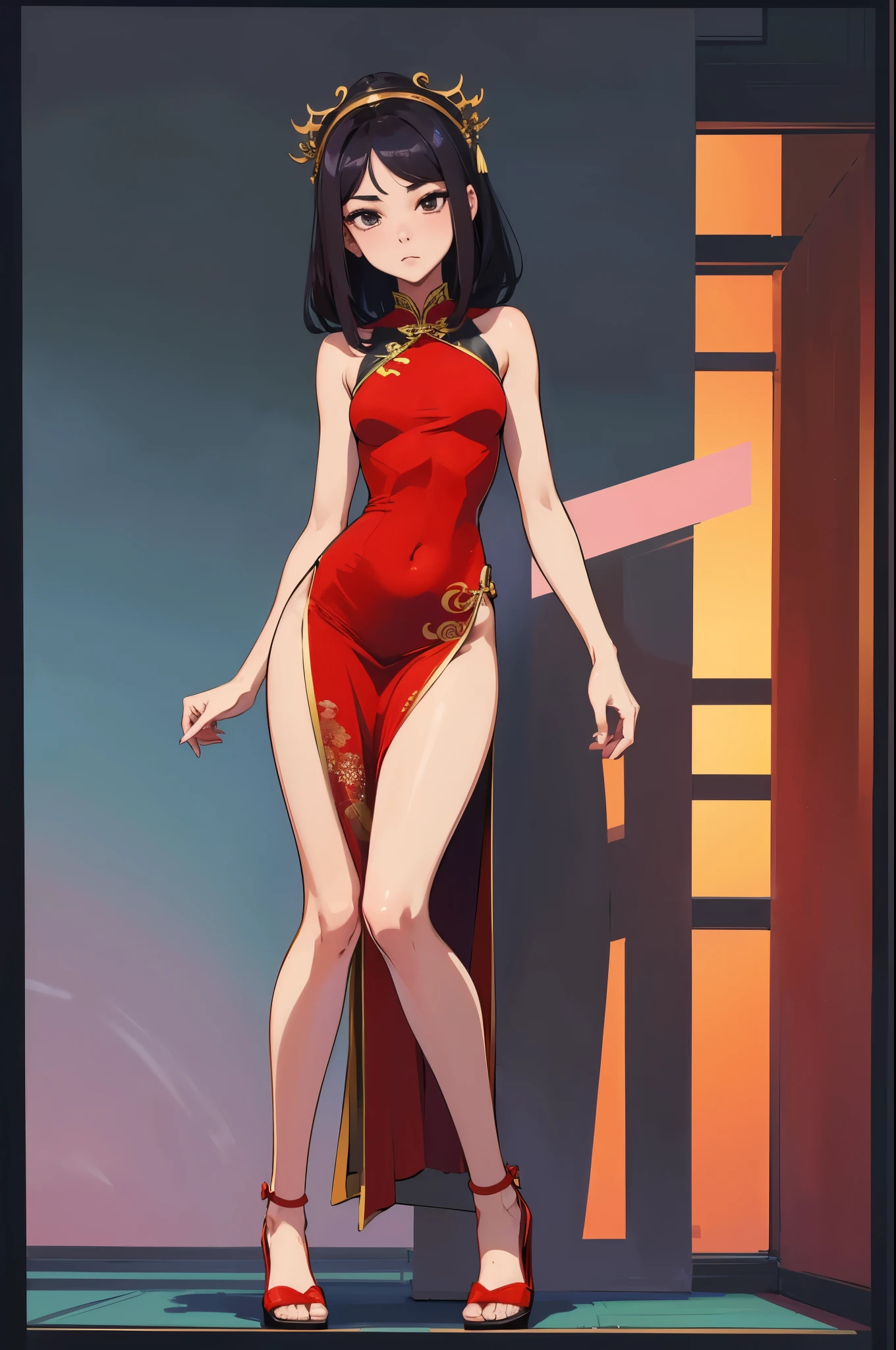 a sexy woman, (best quality), (masterpiece), (1girl), slim, anime, (flat chested), (chinese dress), (standing), (protrait), (naked legs)
