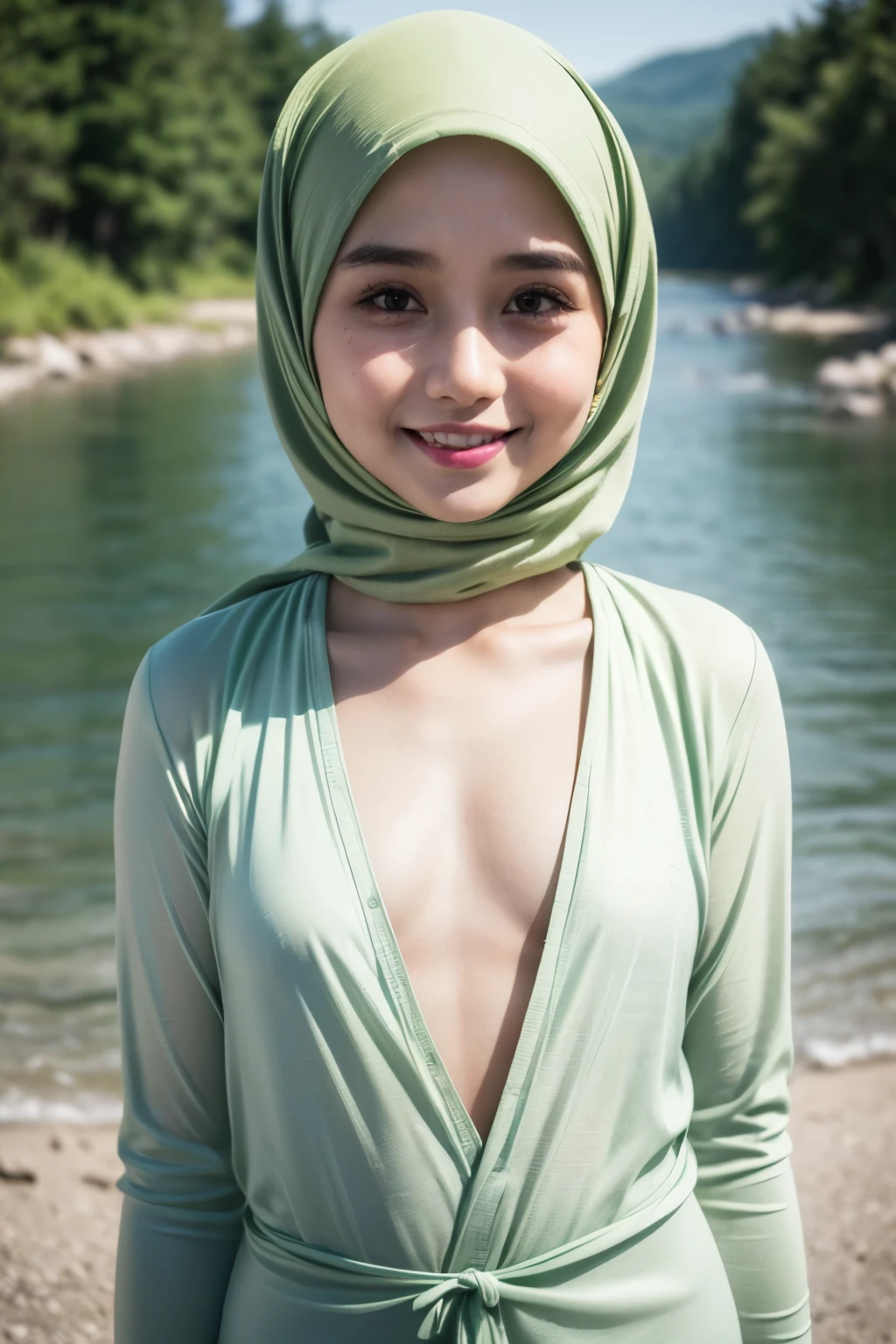 (strapless Colourful bra, (floral pattern), ((Happy Smile)), Naked singlet (((HIJAB MALAY GIRL))), masutepiece, High quality, UHD 32K, Realistic face, Realistic skin feeling , A Japanese Lady, , , Very cute and baby-like face, (((FLAT CHEST))), (MATRIX WORLD), ((look In front at the camera and SADNESS)), ((())), (((CUTE GIRL))), ((LIGHT GREEN LIPS)), ((CHUBBY)), (undress, at river