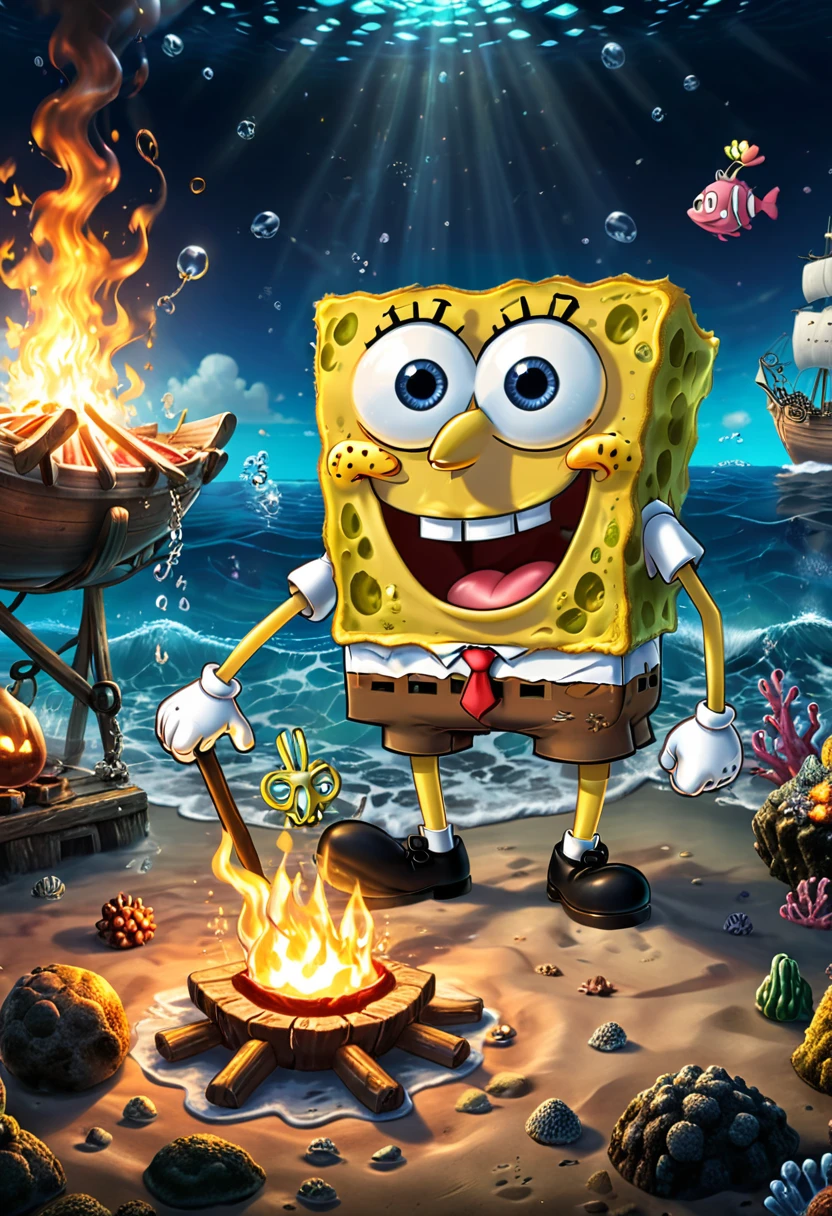 Campfire, SpongeBob SquarePants, (masterpiece, best quality, Professional, perfect composition, very aesthetic, absurdres, ultra-detailed, intricate details:1.3)