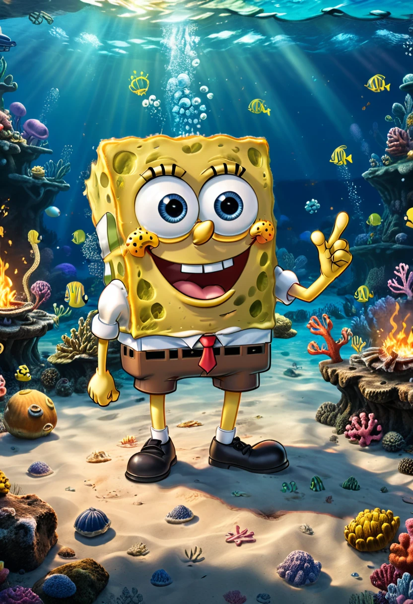 Campfire, SpongeBob SquarePants, (masterpiece, best quality, Professional, perfect composition, very aesthetic, absurdres, ultra-detailed, intricate details:1.3)