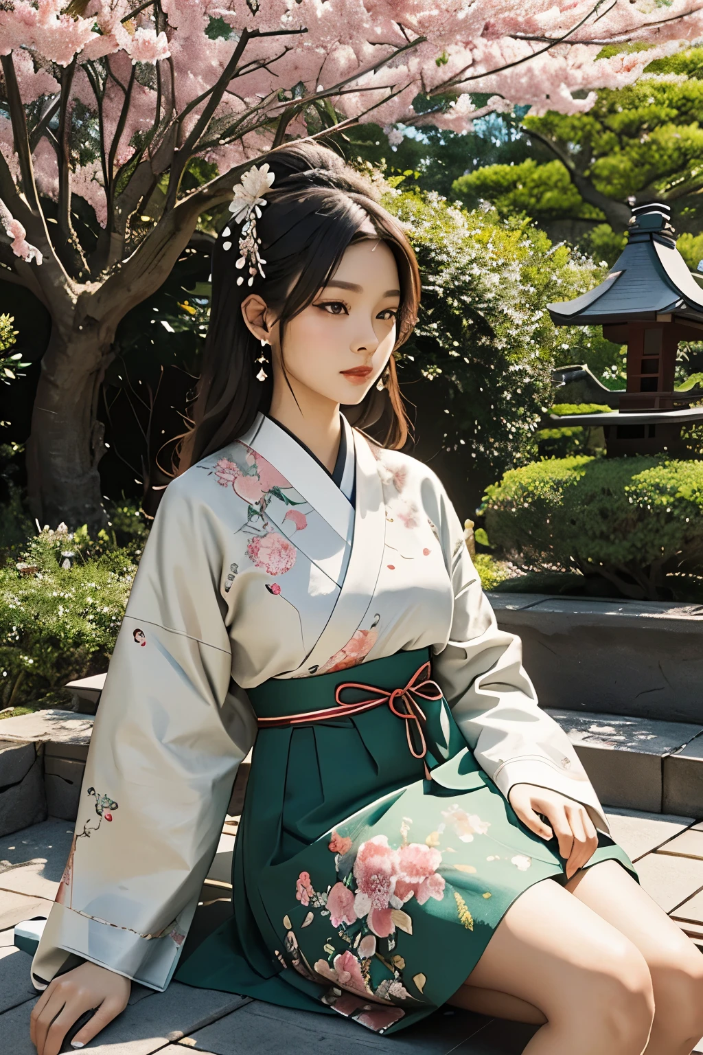 An elegant Taiwanese beauty sits cross-legged on the ground in a tranquil Japanese cherry blossom garden. Adorned in traditional garments, she proudly wears a bright floral headpiece that harmonizes with the surrounding blooms. A gentle breeze rustles through the air, causing her skirt to flutter gracefully. Surrounded by meticulously manicured bonsai and verdant bamboo groves, the serene atmosphere is further accentuated. Her eyes are fixated on the horizon, deep in thought, as if she is one with the beautiful scenery of this authentic garden. (Ultra high definition, Ultra-realistic, 4K, Masterpiece