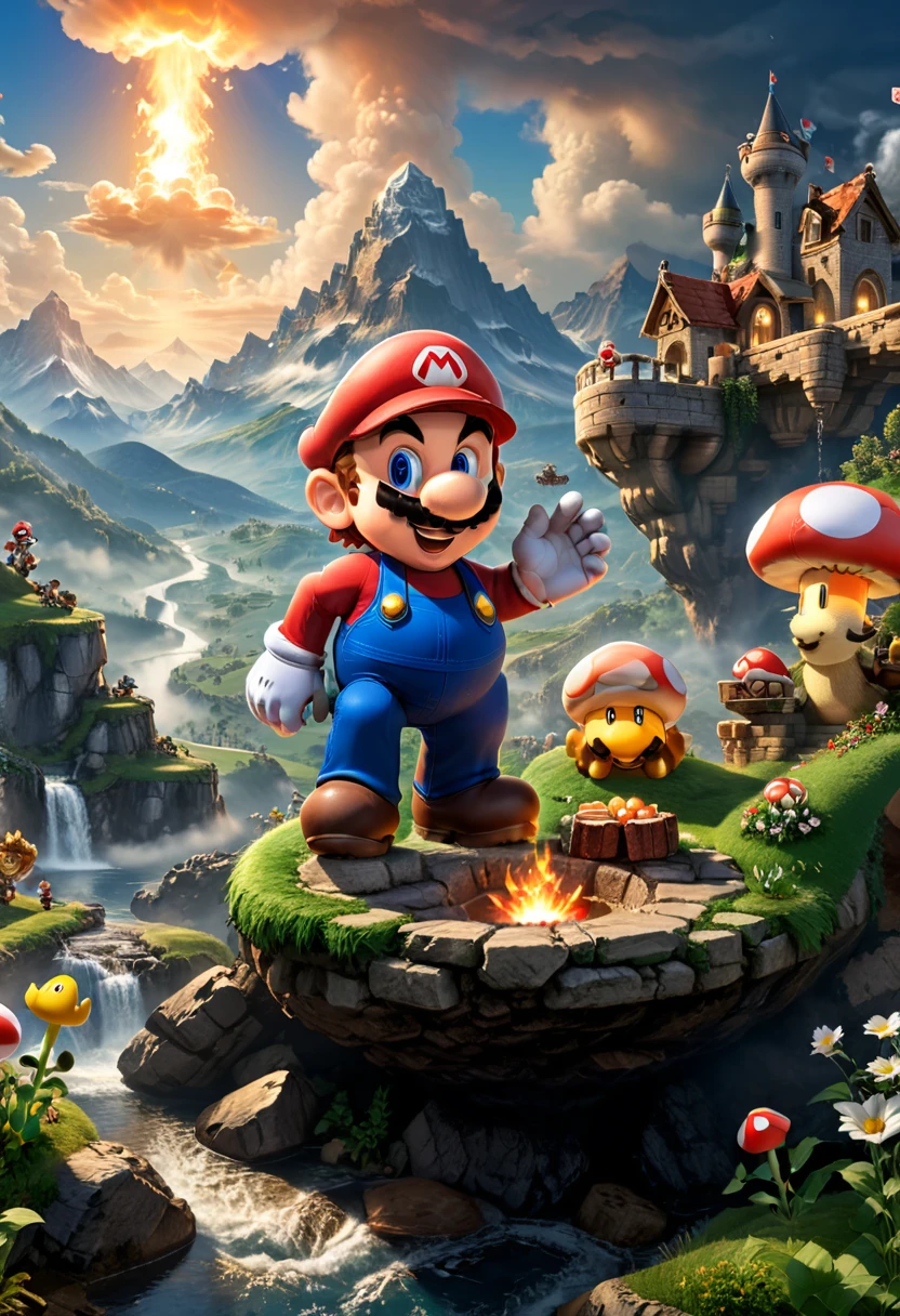 Campfire, Mario, (masterpiece, best quality, Professional, perfect composition, very aesthetic, absurdres, ultra-detailed, intricate details:1.3)