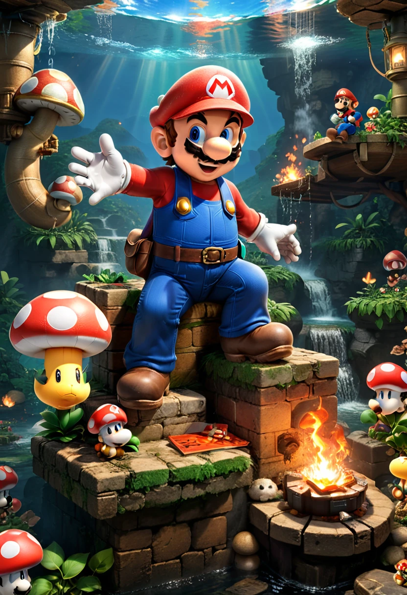 Campfire, Mario, (masterpiece, best quality, Professional, perfect composition, very aesthetic, absurdres, ultra-detailed, intricate details:1.3)