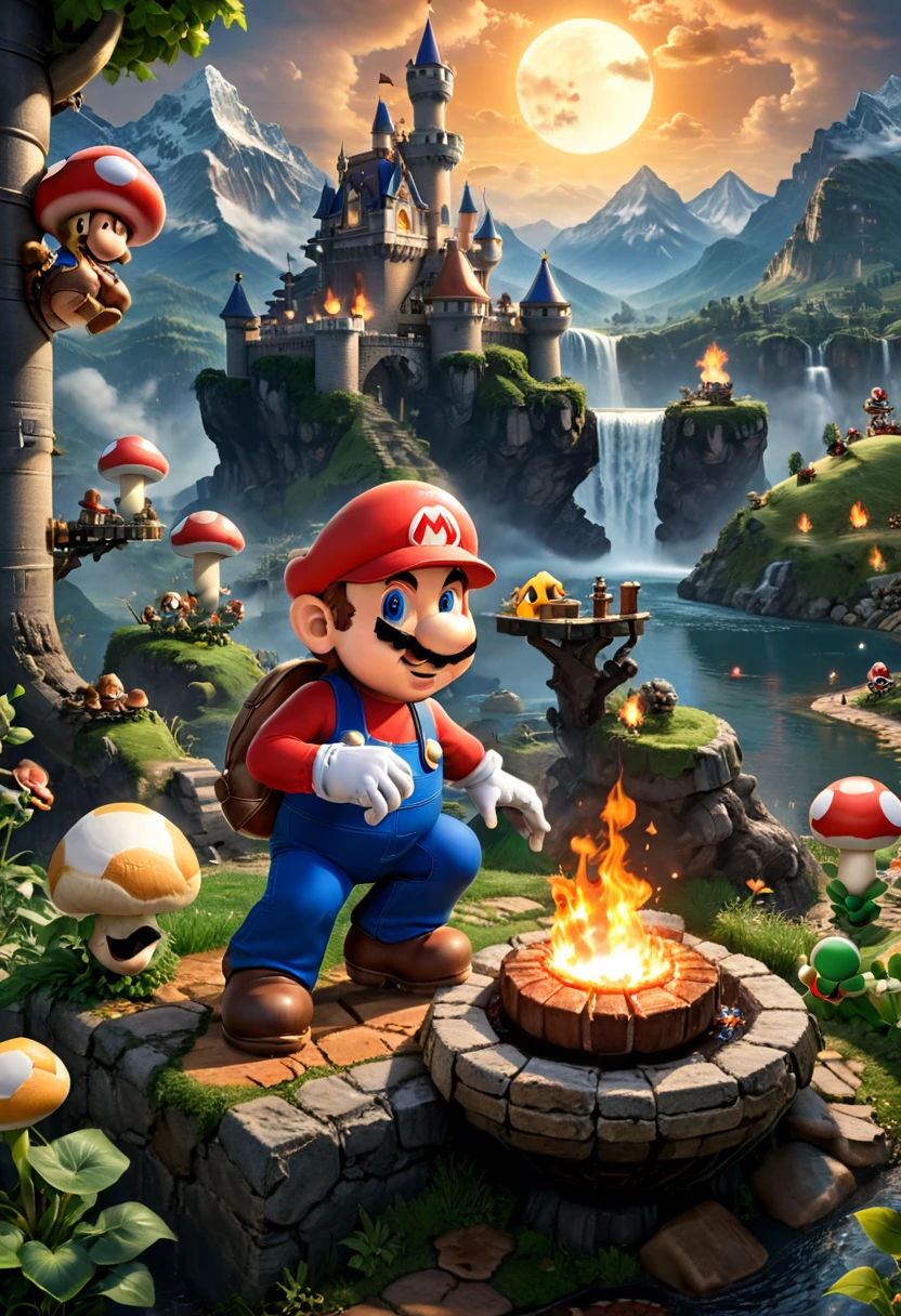 Campfire, Mario, (masterpiece, best quality, Professional, perfect composition, very aesthetic, absurdres, ultra-detailed, intricate details:1.3)