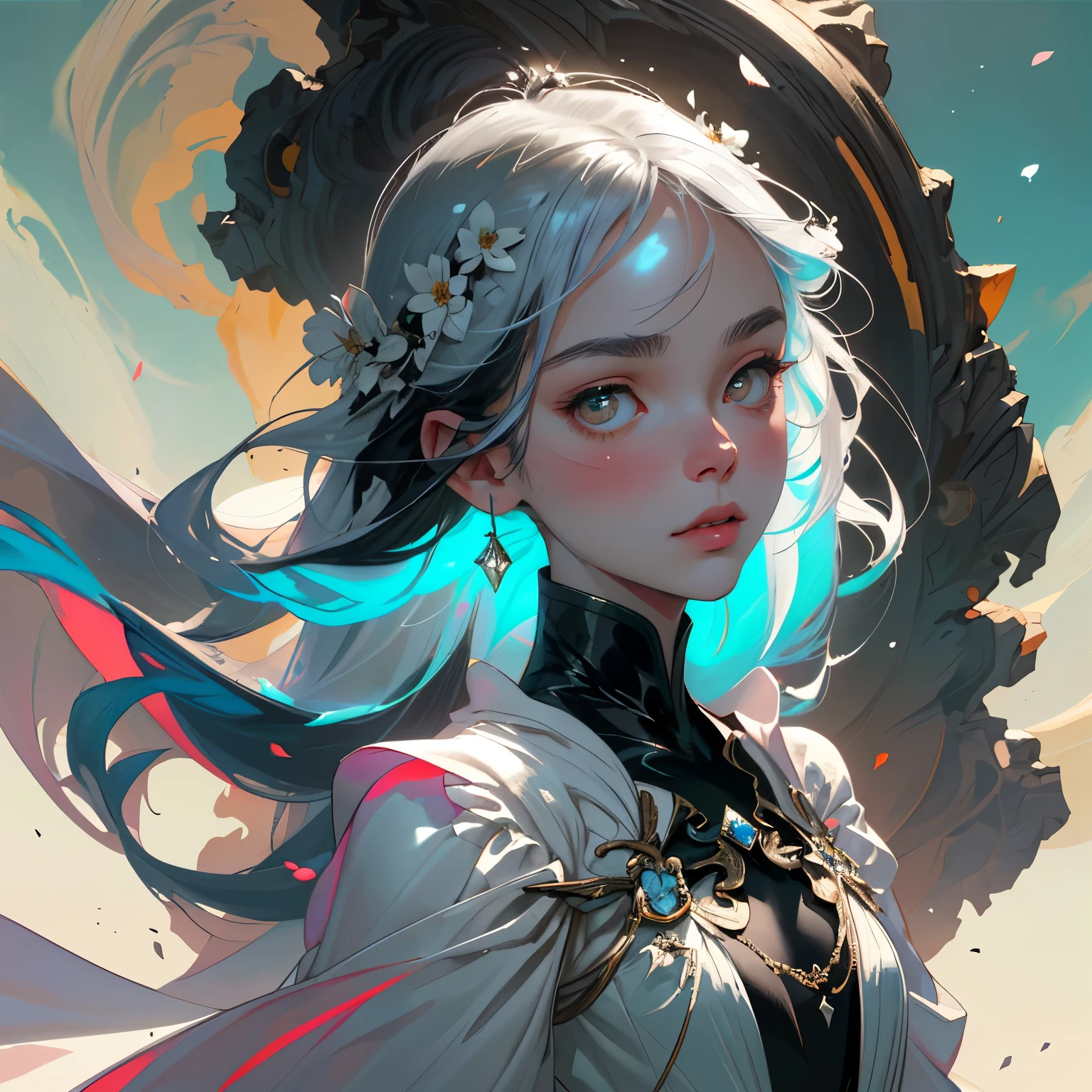 portrait,(best qualtiy,tmasterpiece),1girl,lewd poses,Particle,ventania,florals,The upper part of the body,simplebackground,milky ways,White-colored skin,Fairy style,black color hair,The upper part of the body,white clothes,Back sword