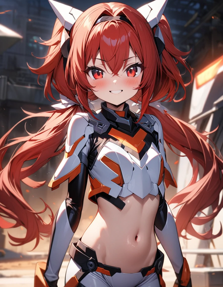 Asuka Langley in a provocative pose at a military base. looking at the viewer, smile, twin tails, blush, breasts, masterpiece, The best quality, necessary, Alta resolución, Senos grandes, NSFW