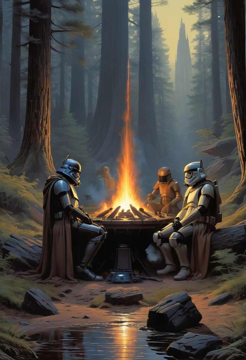 Campfire, by Ralph McQuarrie, best quality, masterpiece, very aesthetic, perfect composition, intricate details, ultra-detailed