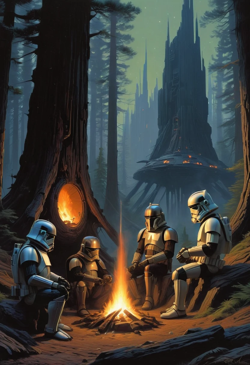 Campfire, by Ralph McQuarrie, best quality, masterpiece, very aesthetic, perfect composition, intricate details, ultra-detailed
