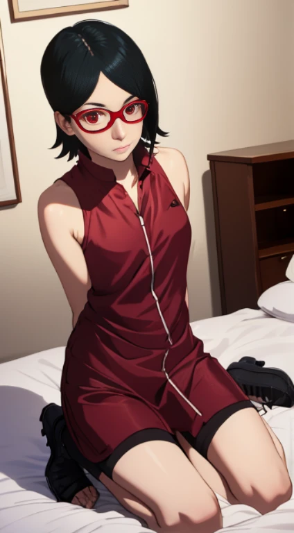 1girl, solo, black hair, short hair, Red eyes, frameless glasses. Arms behind back, indoors, kneeling on bed, lingerie, see-through silhouette, , , (masterpiece,best quality:1.2),absurdres 