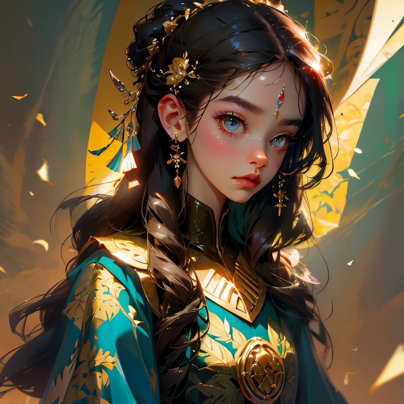(masterpiece, best quality), 1girl,burmese dress, upper body, makeup, hair ornament,goldenhair,