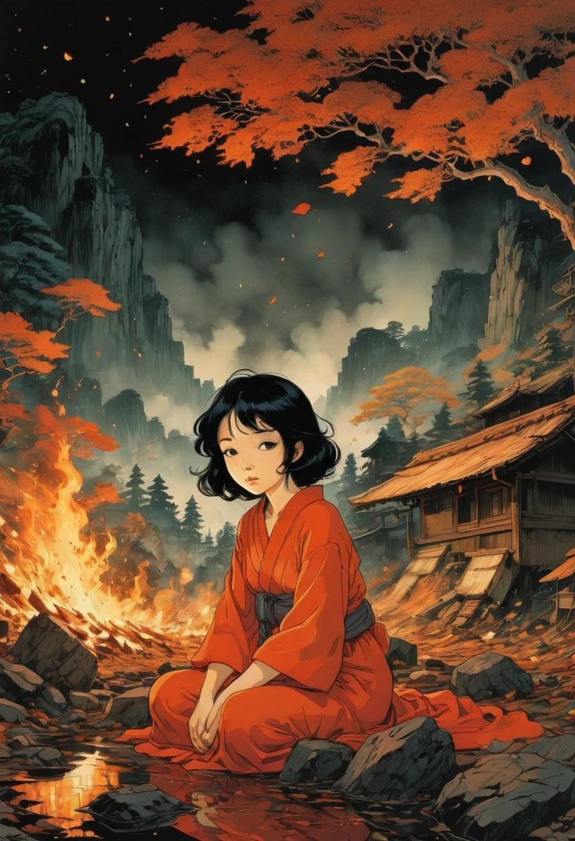 Campfire, by Satoshi Kon, best quality, masterpiece, very aesthetic, perfect composition, intricate details, ultra-detailed