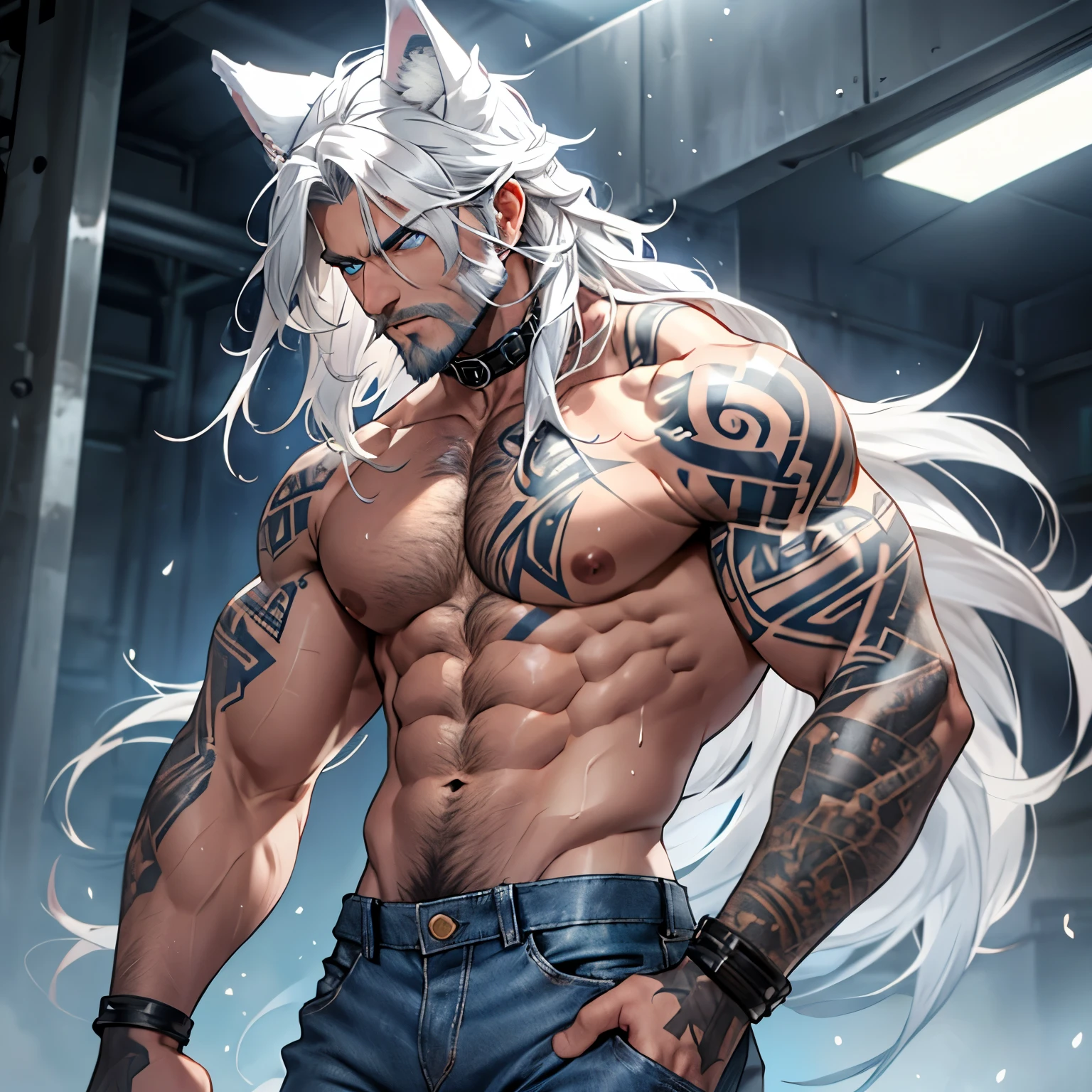 a muscular himbo with a short gruffy beard and long white hair, has white wolf ears and isnt wearing a shirt, wearing blue denim jeans and is covered in heavy tribal tattoos, solo, alone, (SOLO)(ALONE) 1 male, has glowing blue eyes, shirtless, no shirt, showing abs, sweaty, has long locks, wearing collar