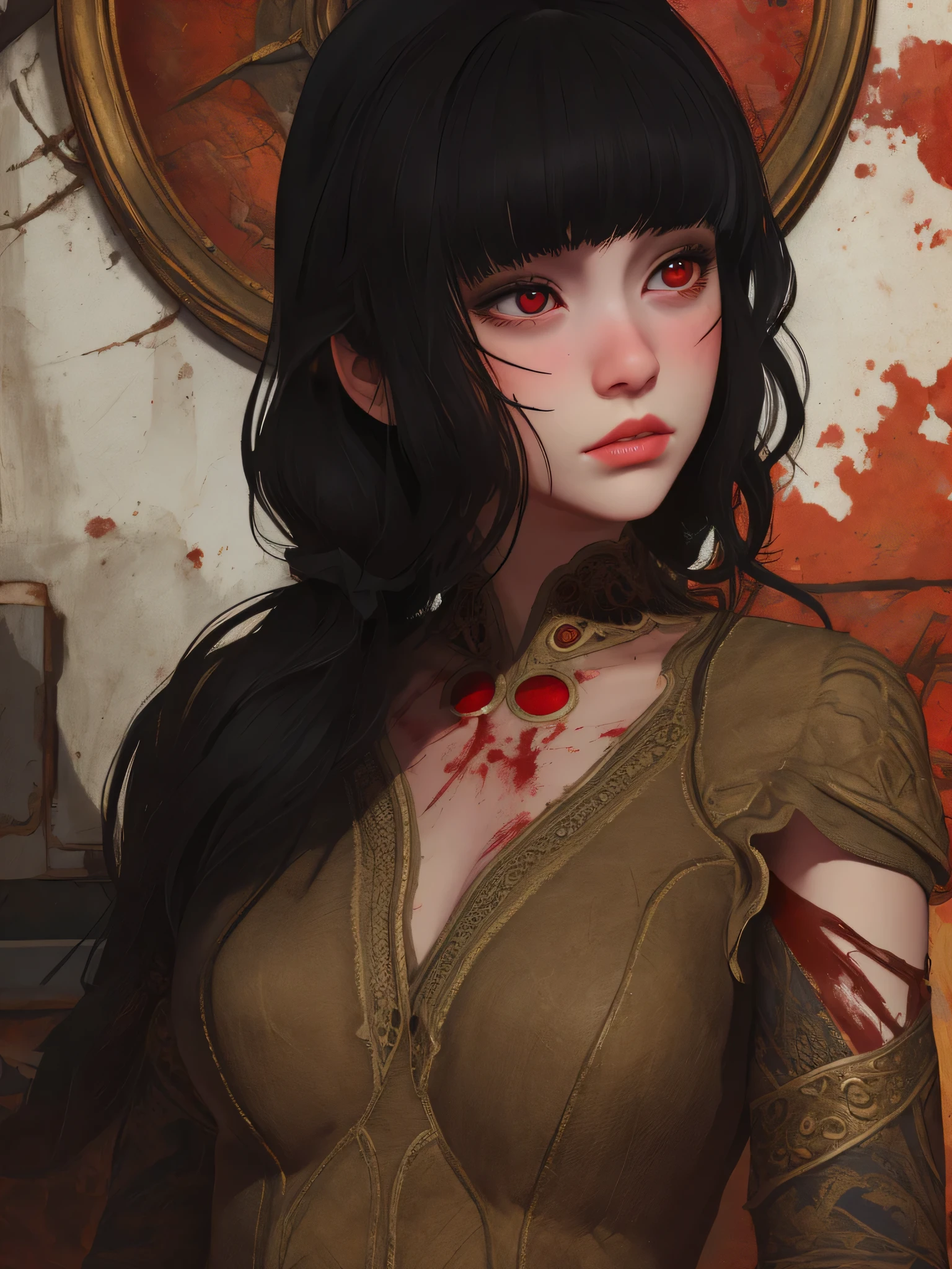 ((masterpiece, best quality)), (1girl), (solo), Luna,(very detailed face, real image, realistic skin, realistic body, intricate details), upper body, red eyes, black hair, blunt bangs, night sky, blood, terror 