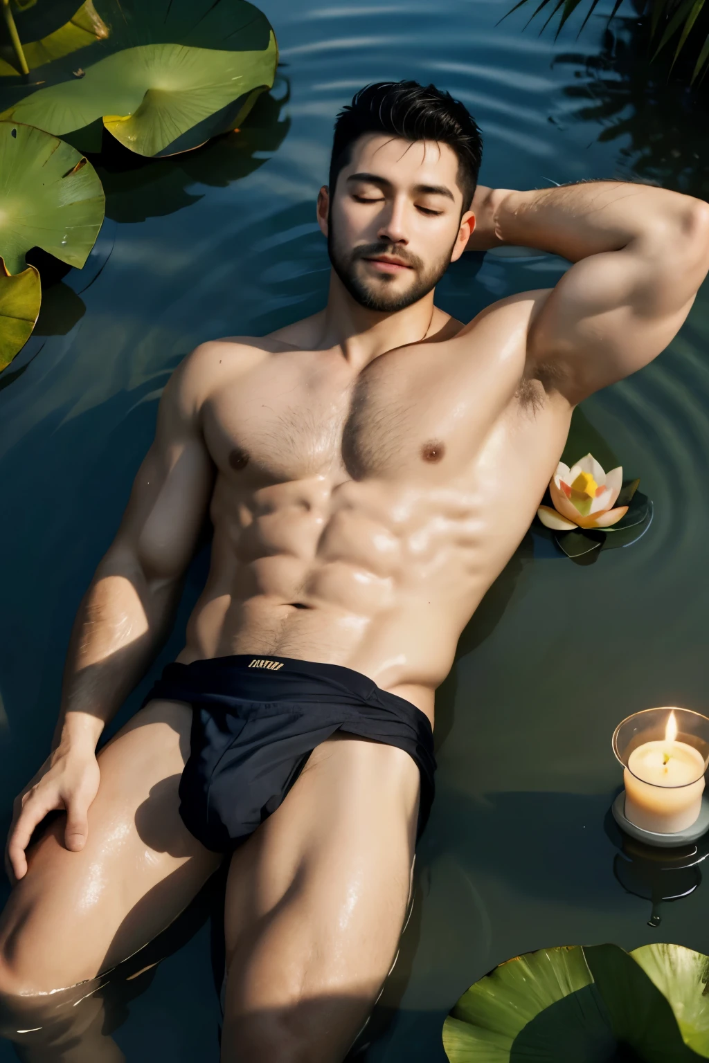 Best quality, masterpiece,ultra high res,detailed background,realistic,in the Water,from above,closed eyes,1man,solo,male,muscular,mature male,short facial hair,beard,buzz cut,very small loincloth,lying,lotus,candle,water,real shadow and light,depth of field