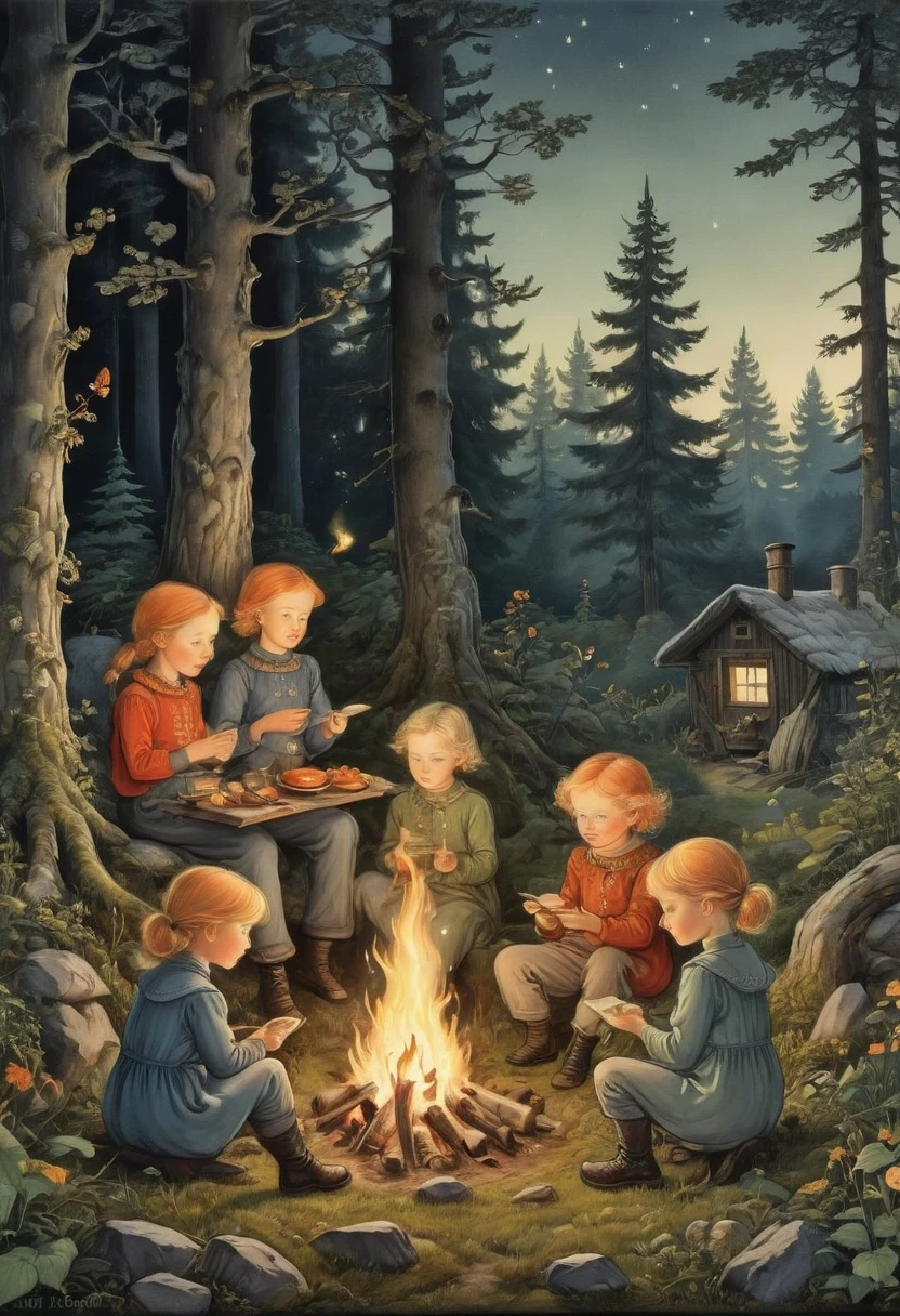 Campfire, by Elsa Beskow, best quality, masterpiece, very aesthetic, perfect composition, intricate details, ultra-detailed