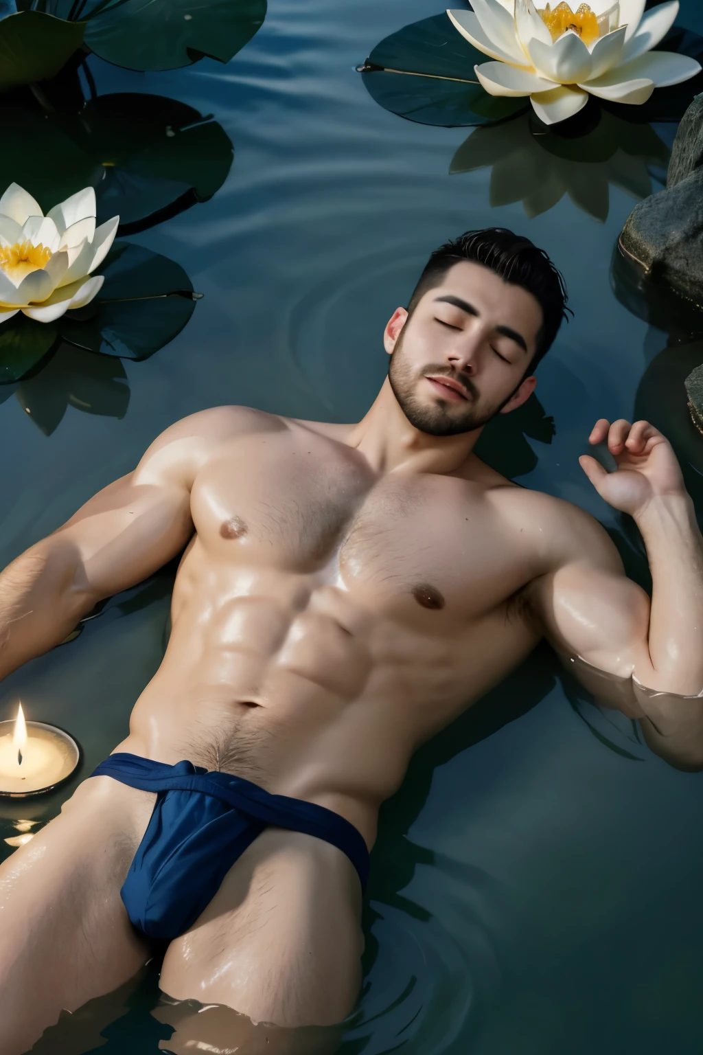 Best quality, masterpiece,ultra high res,detailed background,realistic,in the Water,from above,closed eyes,1man,solo,male,muscular,mature male,short facial hair,beard,buzz cut,very small loincloth,lying,lotus,candle,water,real shadow and light,depth of field