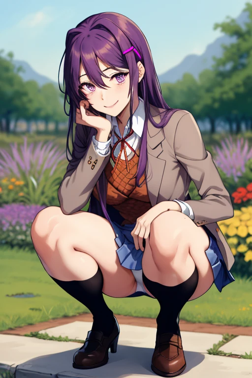 2d, masterpiece,  white panties, slim body, slim legs, spread legs, best quality, ((full body)), full pose, anime, highly detailed, cowboy shot, 1girl, solo, yuri, purple hair, purple eyes, long hair, hair between eyes, hairclip, , blazer, brown sweater, collared shirt, neck ribbon, blue skirt, black stockings:1.2, black laofers:1.2, clenched hands, smile, squatting:1.3, garden background,