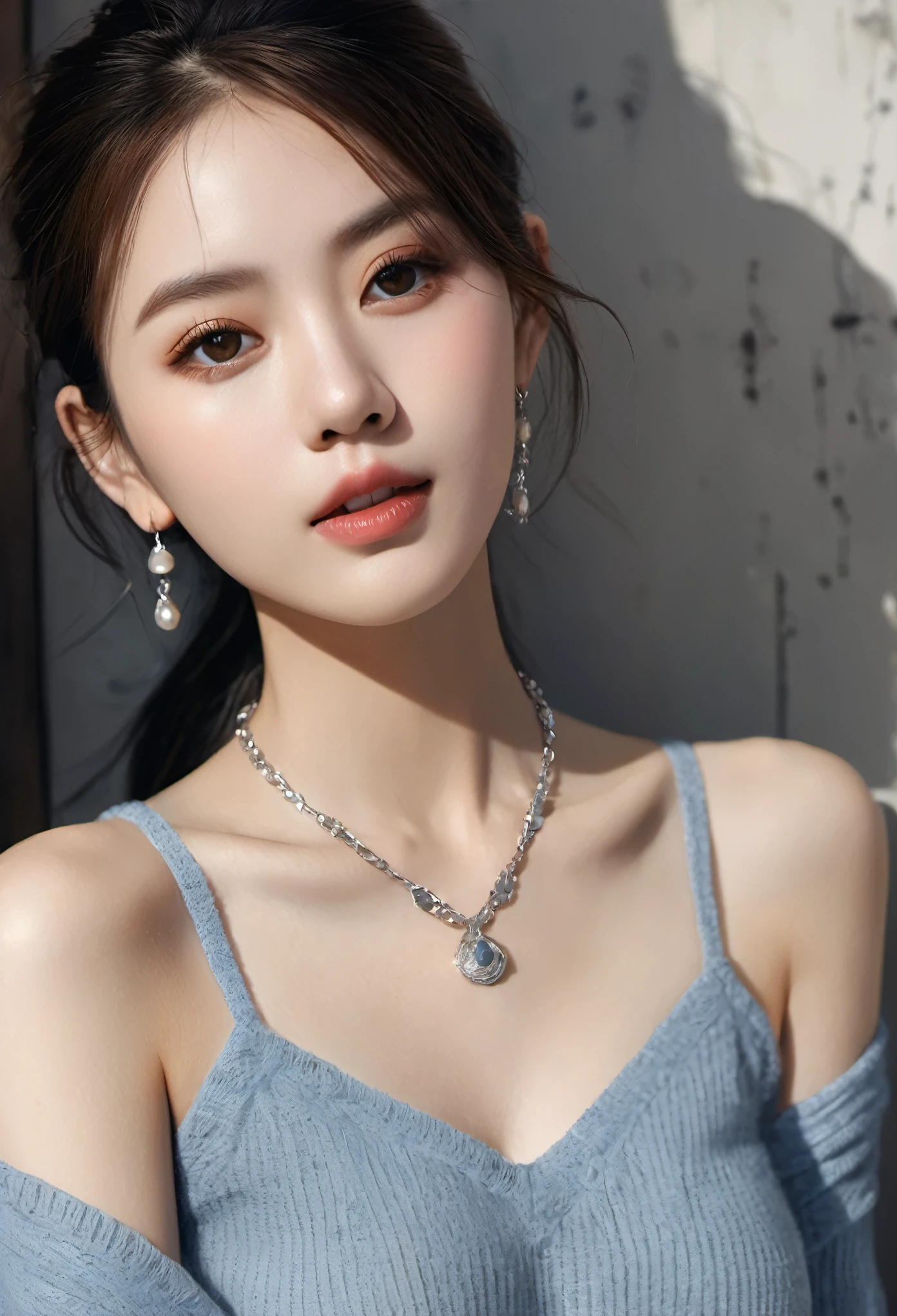 8K,super high quality,masterpiece, best quality, movie stills, 1 plump girl, White background,solid color background, low cut透明连衣裙, huge ,huge ,big breasts,low cut, Close-up cleavage, bright, hapiness, Warm and soft lighting, (solid color background: 0.7) No,(low cutT恤:1.3),wear earrings,Too much, open chest,Smile, necklace,huge breasts