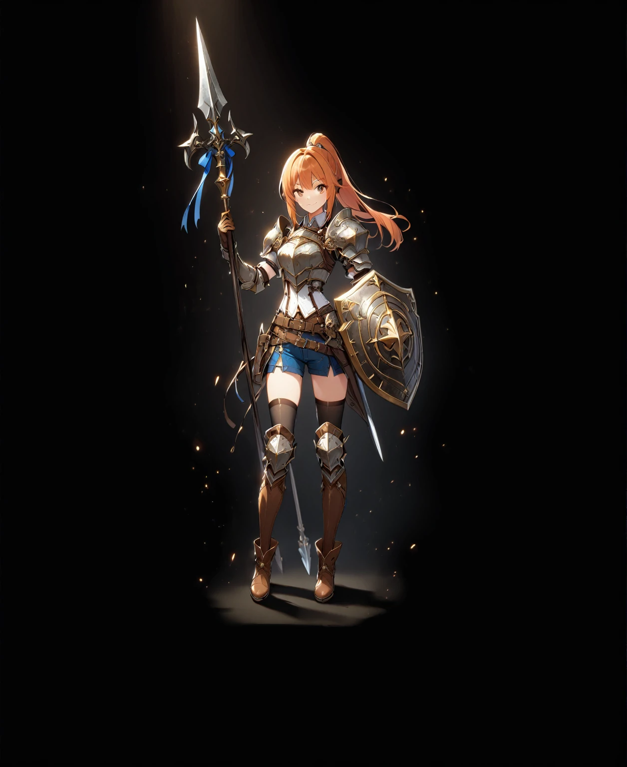 1girl, solo, shield, weapon, thighhighs, polearm, gloves, boots, long-hair, black-background, armor, brown-gloves, ponytail, orange-hair, full-body spear, ribbon, holding, simple-background, holding-weapon, looking-at-viewer, hair-ribbon, black-thighhighs, brown-footwear, smile, brown-eyes, shirt, yellow-eyes, standing, shorts, knee-pads, blue-ribbon, belt, shoulder-armor, white-shirt, vest,