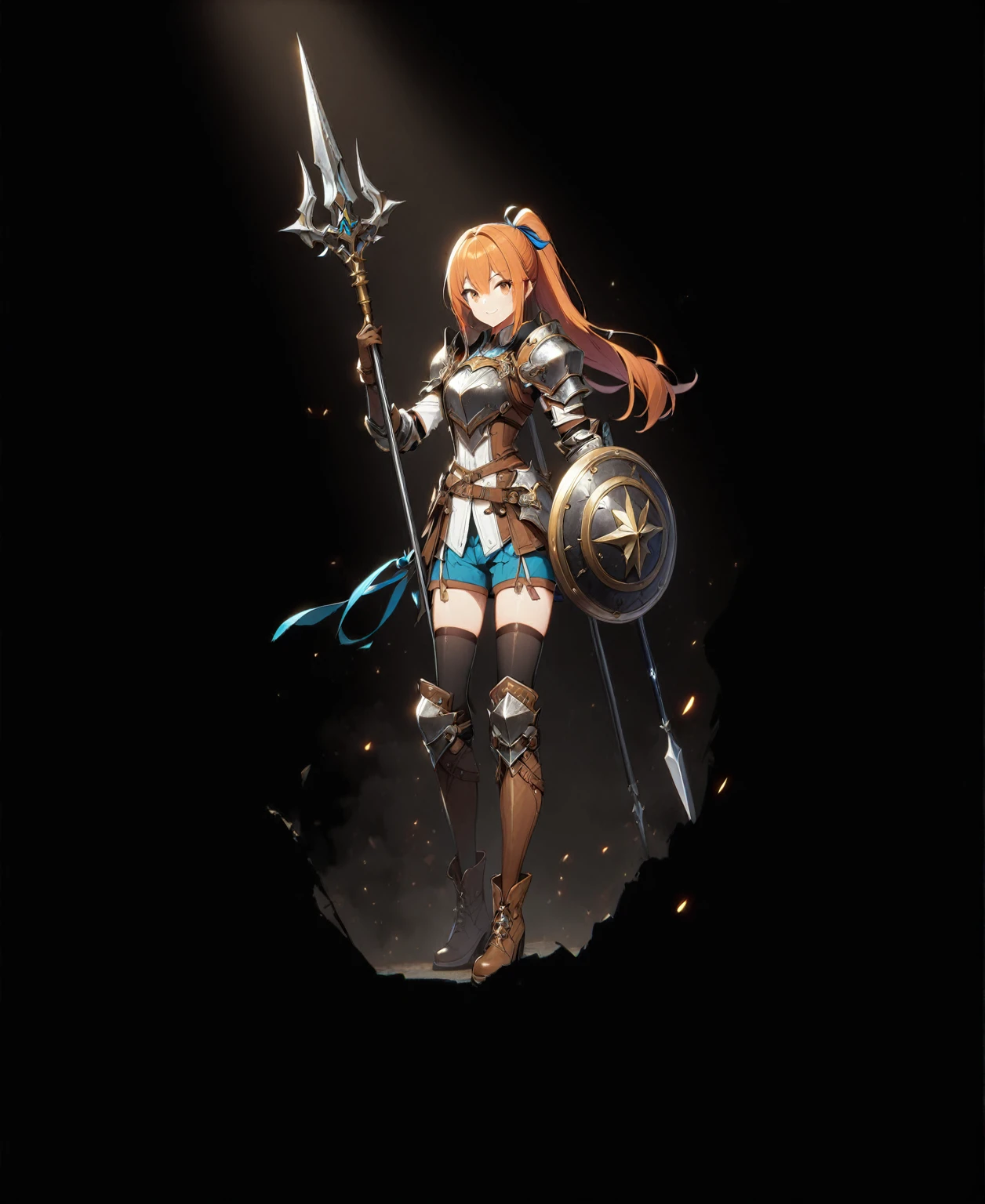 1girl, solo, shield, weapon, thighhighs, polearm, gloves, boots, long-hair, black-background, armor, brown-gloves, ponytail, orange-hair, full-body spear, ribbon, holding, simple-background, holding-weapon, looking-at-viewer, hair-ribbon, black-thighhighs, brown-footwear, smile, brown-eyes, shirt, yellow-eyes, standing, shorts, knee-pads, blue-ribbon, belt, shoulder-armor, white-shirt, vest,