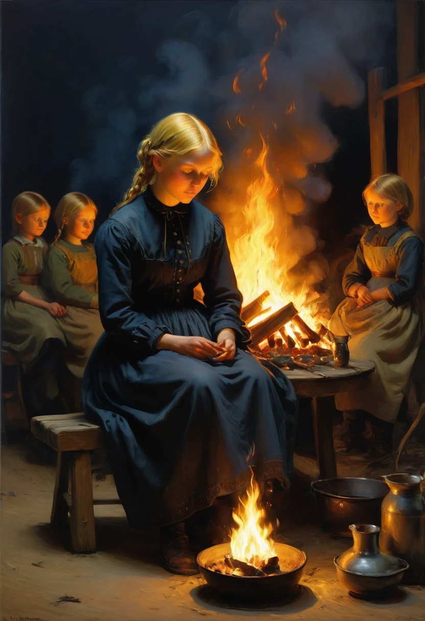 Campfire, by Anna Ancher, best quality, masterpiece, very aesthetic, perfect composition, intricate details, ultra-detailed
