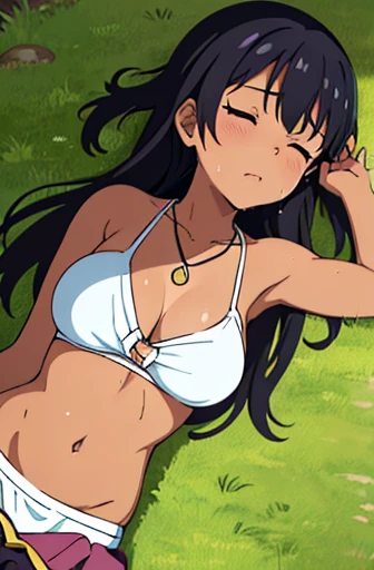 (detailed background), (masterpiece), (8k), (best quality), light dark skinned anime girl, dressed in a cute bikini top and flowy skirt, curled up in a peaceful slumber on a grassy hill, (her hand pressed against her stomach in discomfort), (long black hair), (necklace), (wet sweaty body)