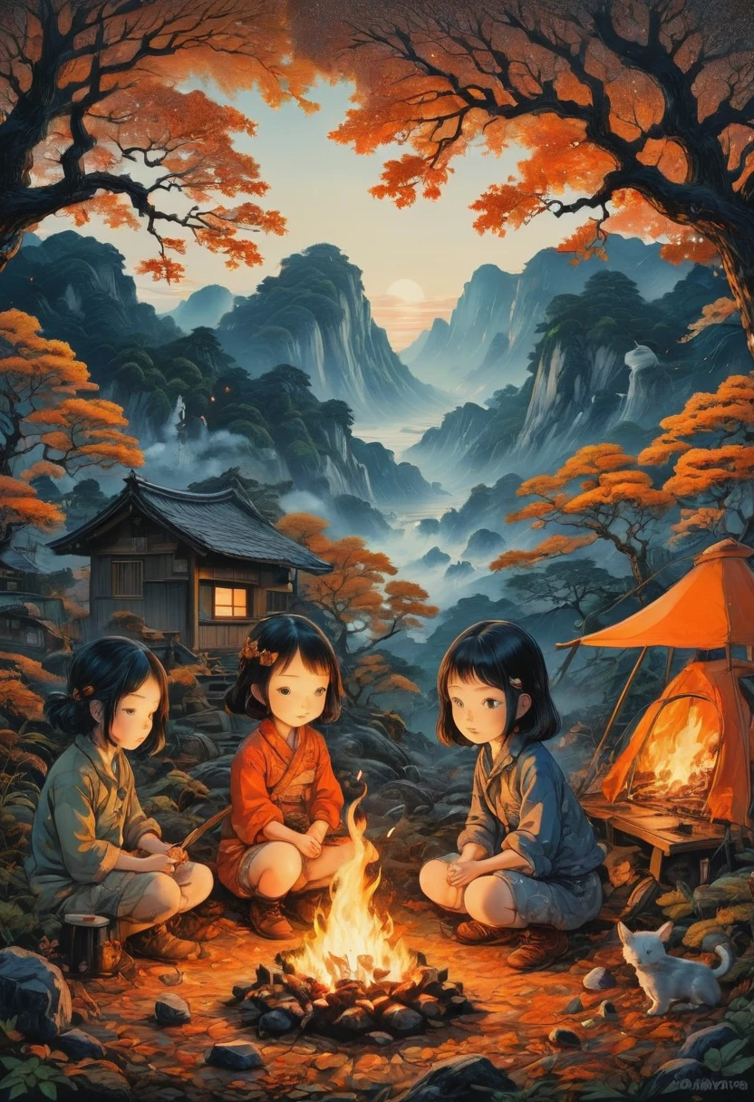 Campfire, by Chiho Aoshima, best quality, masterpiece, very aesthetic, perfect composition, intricate details, ultra-detailed