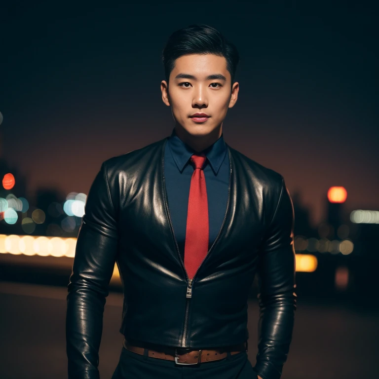 Handsome Asian man with short, cropped hair cut,) Look straight and focus on the face clearly.,) Community in the city at night, Long flowing bodysuit, modern tight leather and red tie.,Blue,black,) Exaggerated colors cool action poses,) 8K images, Shot with a high quality camera with 45000000000 pixels.