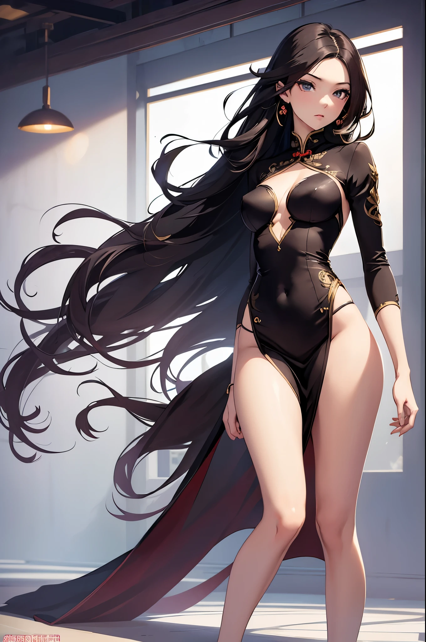 a sexy woman, (best quality), (masterpiece), (1girl), slim, anime, tall, (flat chested), (chinese dress), (front view), (sexy pose), (full body view)
