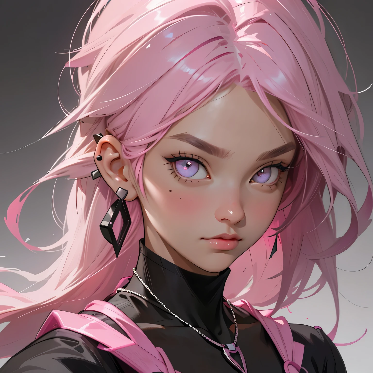 (best quality,realistic),portrait,girl,selfie,black to pink gradient hair,black short sleeves,necklace,ear studs,delicate eyes,deep pupils,masterpiece