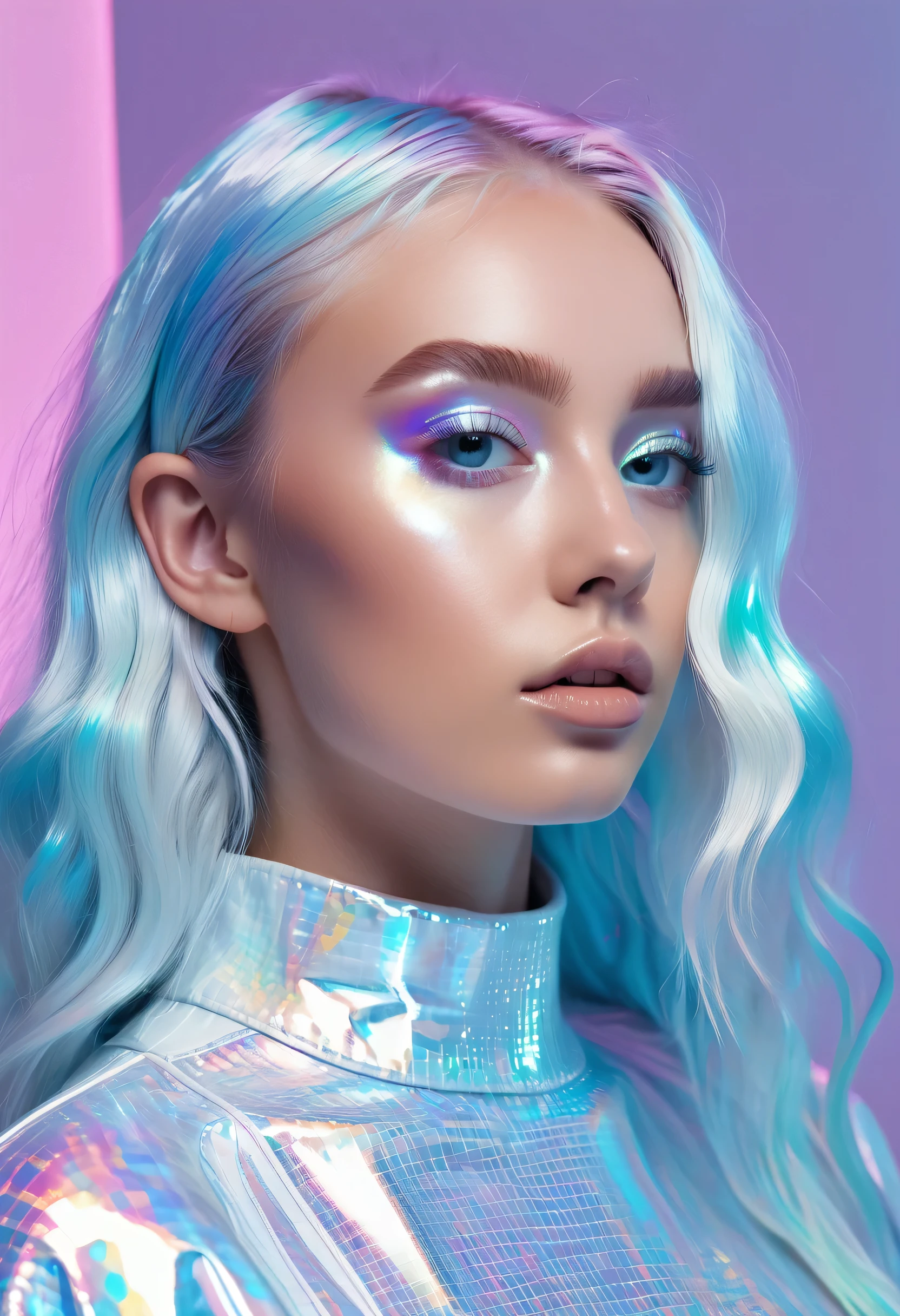 a girl with dark blonde baleage hair,iridescent light pattern, in the style of holographic y2k aesthetic, colour makeup,pastel punk, uhd image, light blue and white, dark white and light azure, best quality, masterpiece, highres, absurdres, incredibly absurdres, huge filesize, wallpaper, colorful,8K,RAW photo