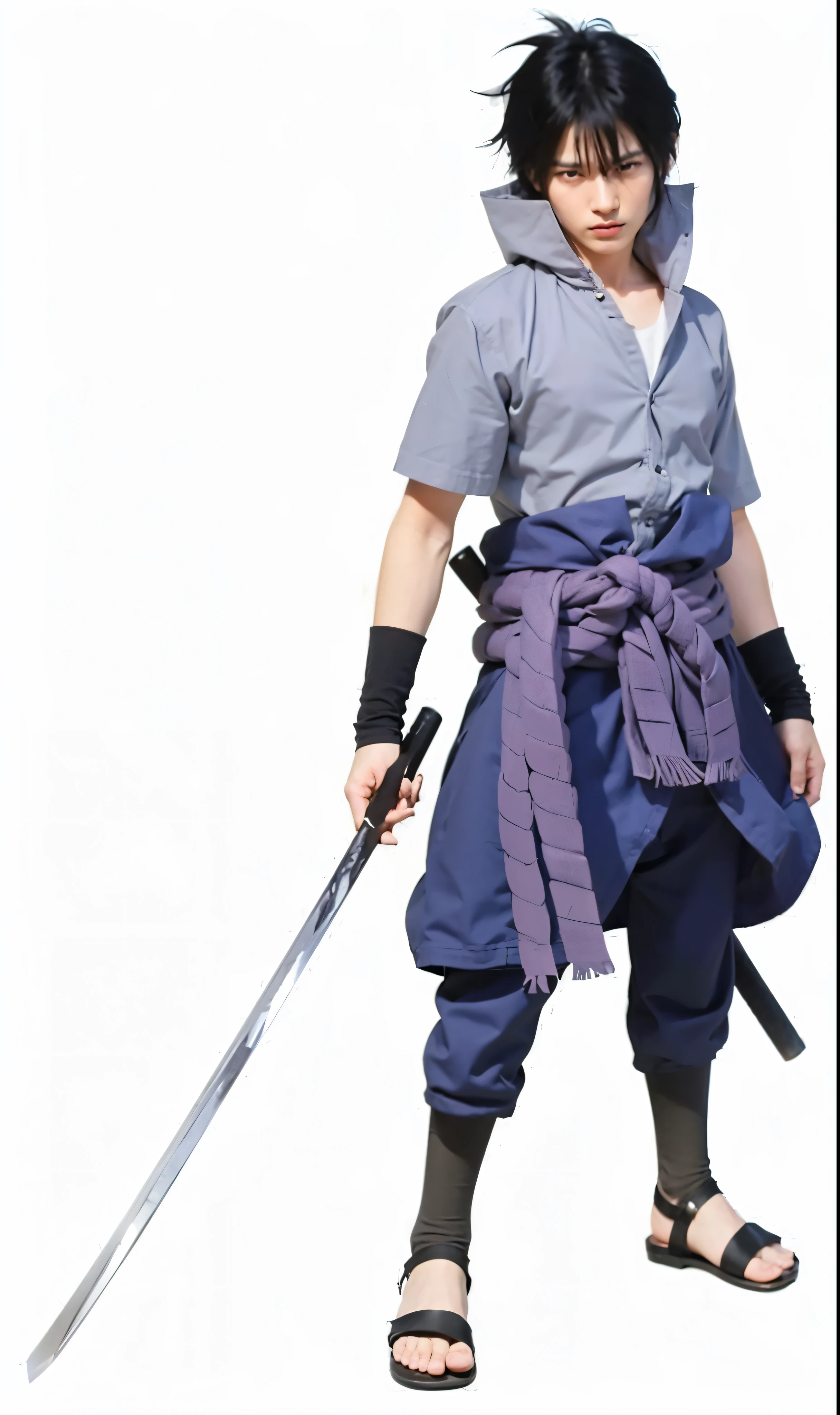 jovem de cabelos lisos e olhos vermelhos segurando uma katana usando um cinto feito de corda roxa
