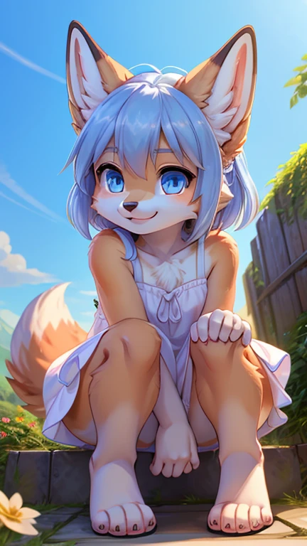 Crouch、whole body、Toes、Baby Fox Girl、White dress、The fur is sky blue、Has light blue eyes、Tempting Gaze、looking at me and smiling