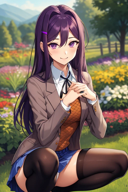 2d, masterpiece,  white panties, slim body, slim legs, spread legs, best quality, highly detailed, cowboy shot, 1girl, solo, yuri, purple hair, purple eyes, long hair, hair between eyes, hairclip, , blazer, brown sweater, collared shirt, neck ribbon, blue skirt, black stockings:1.2, black laofers:1.2, clenched hands, smile, squatting:1.3, garden background,