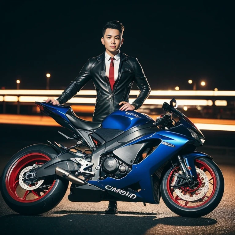 Handsome Asian man with short, cropped hair cut,) Look straight and focus on the face clearly.,) Community in the city at night, Long flowing bodysuit, modern tight leather and red tie.,Blue,black,) There was a beautiful and modern big-blade motorcycle next to it.,) Exaggerated colors cool action poses,) 8K images, Shot with a high quality camera with 45000000000 pixels.