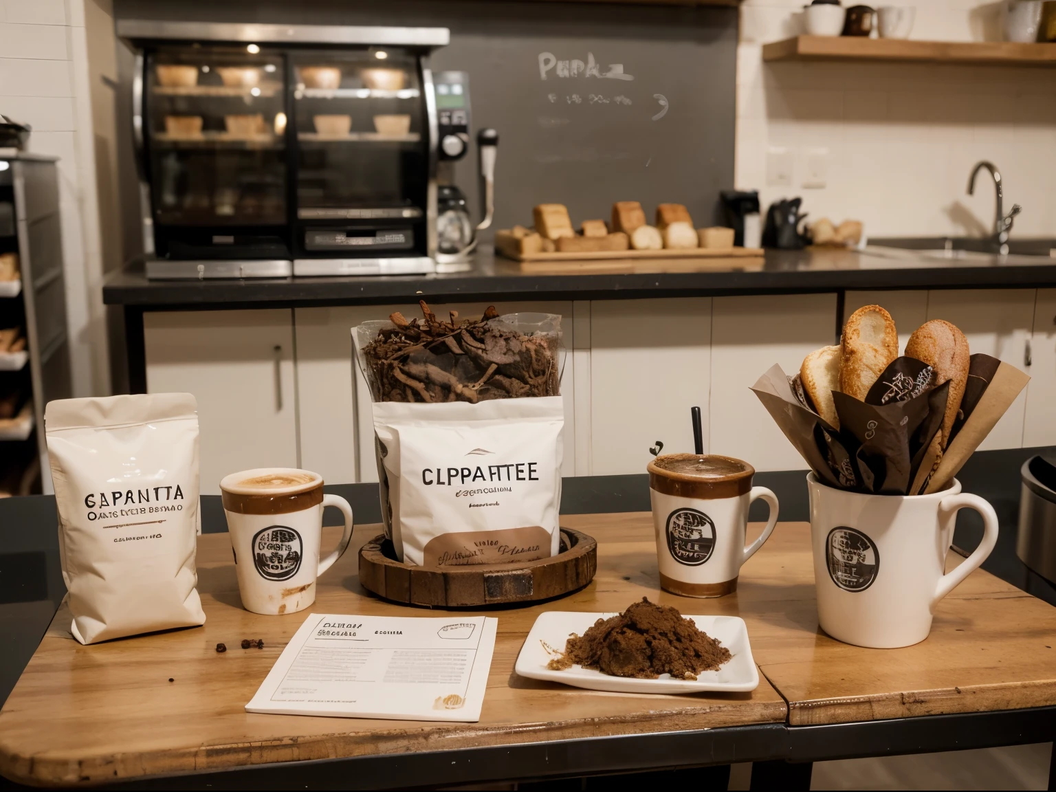 Uma mesa de uma cafeteria bem detalhada, with cups of coffee, breads, coffee grounds, livros, papelada