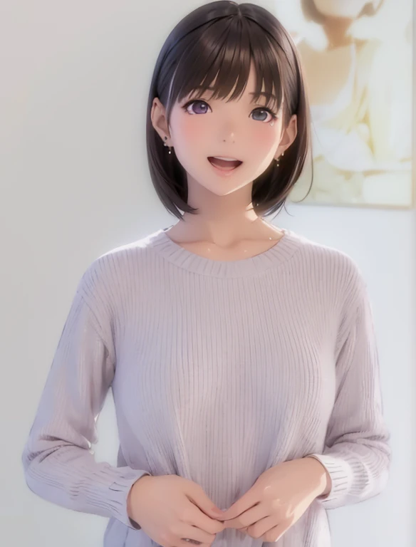 High resolution,In 8K,highest quality,detailed,Semi-realistic anime,Anime 3D Style,Smooth anime CG,One Girl,19-year-old woman in Japan,slim,Modeled,Shiny brown hair,Medium Hair,detailedな顔,Beautiful and detailed,Glowing Skin,Lilac sweater,Earrings,straggling hair,Angelic hairstyle,Small breasts,Observe the audience,((Mouth open)),((laughing))