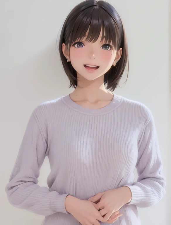 High resolution,In 8K,highest quality,detailed,Semi-realistic anime,Anime 3D Style,Smooth anime CG,One Girl,19-year-old woman in Japan,slim,Modeled,Shiny brown hair,Medium Hair,detailedな顔,Beautiful and detailed,Glowing Skin,Lilac sweater,Earrings,straggling hair,Angelic hairstyle,Small breasts,Observe the audience,((Mouth open)),((laughing))