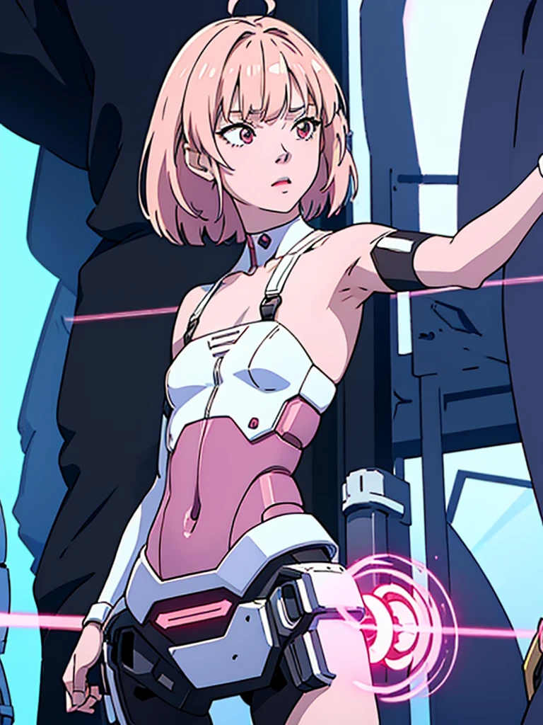 digital art drawing, illustration of (Winter from k-pop group aespa, short white hair with bangs, brown eyes, flat chest, anime girl, exoskeleton, one pink metal robotic arm, one skin arm, evil look, Mechanical torso, neon details, cyberpunk 2077), anime drawing/art, bold linework, illustration, digital art, masterpiece, flat illustration, no shadows, 8k resolution, high detail, vector art, only anime, perfect eyes, perfect hands, perfect fingers, sharpness, high clarity, medium shot, high fidelity
