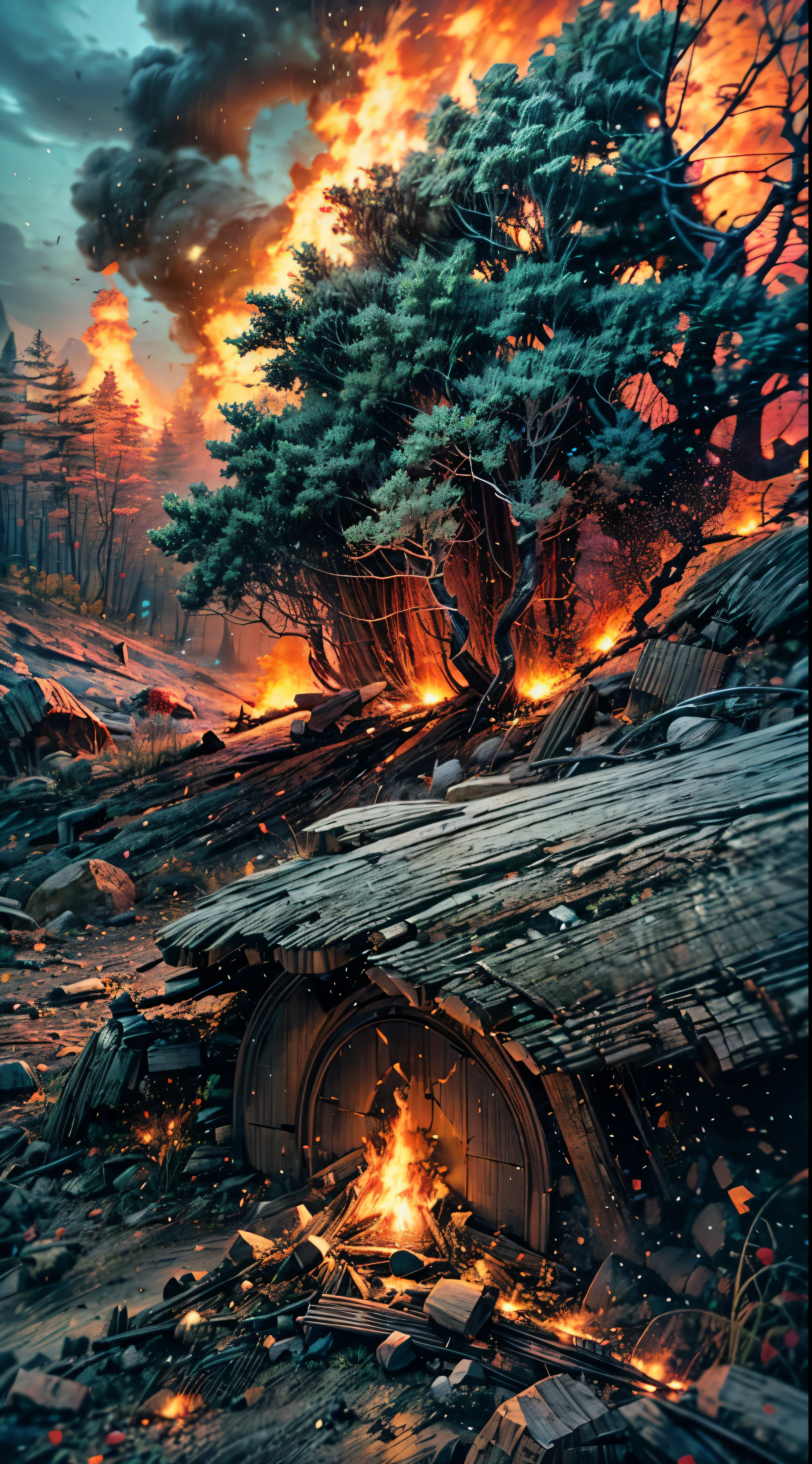Visualize a vast, open plain stretching out in the foreground, The plain is untouched and serene, a stark contrast to the chaos unfolding in the background. There, a dense forest is ablaze, the flames reaching up to the sky, painting it with hues of orange and red, The fire is fierce, consuming the once lush greenery with an unquenchable thirst, Despite the distance, the heat of the forest fire can be felt on the plain, The scene is a powerful display of natures fury and tranquility co-existing side by side, wide shot, from side, 4K, HD, highres, best quality, award winning, super detail, masterpiece