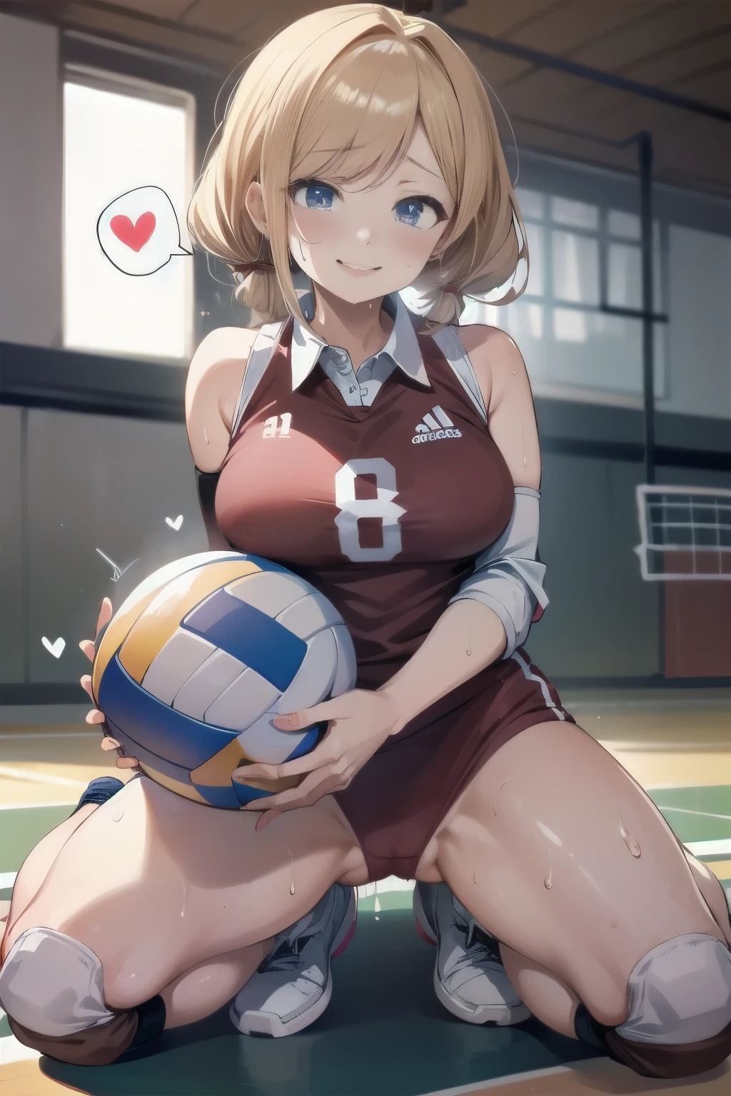 unity 8k wallpaper, anatomically correct, (((masterpiece))), (((best quality))), (((ultra detailed))), (((high-resolution))), ((Ultimate cutie)), perfect hands, perfect finger, (((good anatomy))), detailed beautiful face, shiny hair, (((gyaru))), (potbelly), (curvy), medium breasts, ((Thick thighs)), (((solo))), ((seductive smile)), (((blush))), ((embarrassed expression)), (Eyes are heart marks), (heart shaped pupils), ((trembling)),
BREAK, (((sit astride the perfectly spherical shape 6-inch volleyball))), (((Straddling a perfectly spherical 6" volleyball))), (((Perfectly spherical 6" volleyball fits perfectly crotch))), BREAK, (((Rub the Perfectly spherical 6" volleyball against crotch))), (masturbation),
BREAK, adidas, (Collared volleyball uniforms), sleeveless, ((buruma)), ((kneepad)), ((pussy juice stained)), (elbow pad), (((sweat))), (((covered in sweat))), ((deep breathing)), in Volleyball Court, indoor, lighting, looking at viewer, full body, (spoken heart)