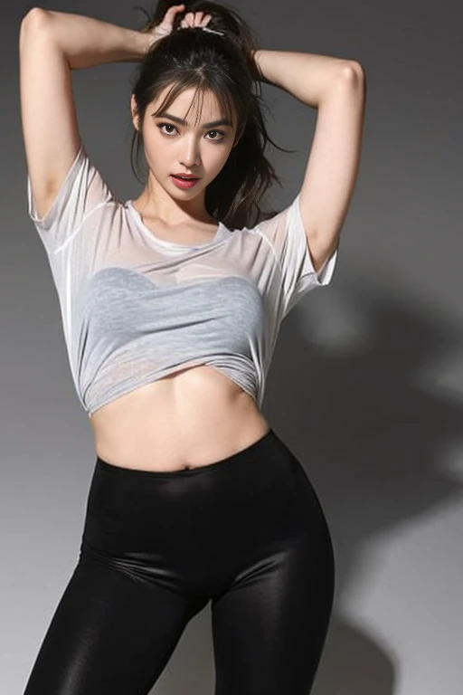 a sexy  Girl， beautidful eyes，Red-faced，The lips are slightly open，sexy shirt， tight  pants，Camel toes，The lines between the thighs are detailed，black color hair， ponytail，obi strip，Tattooed with，Maximum clarity and sharpness  